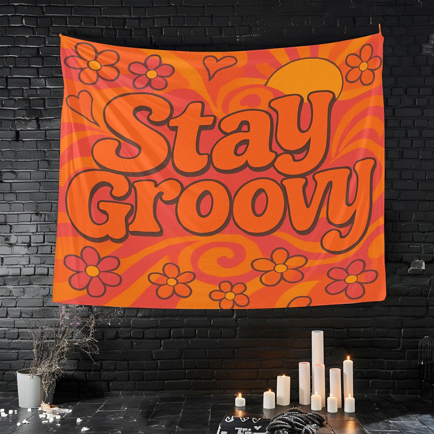 Stay Groovy Retro Tapestry, 70s Curvy Typography With Floral Swirl Background, Orange Pink Sunshine Vibe Wall Art, Gift For Her Or Him