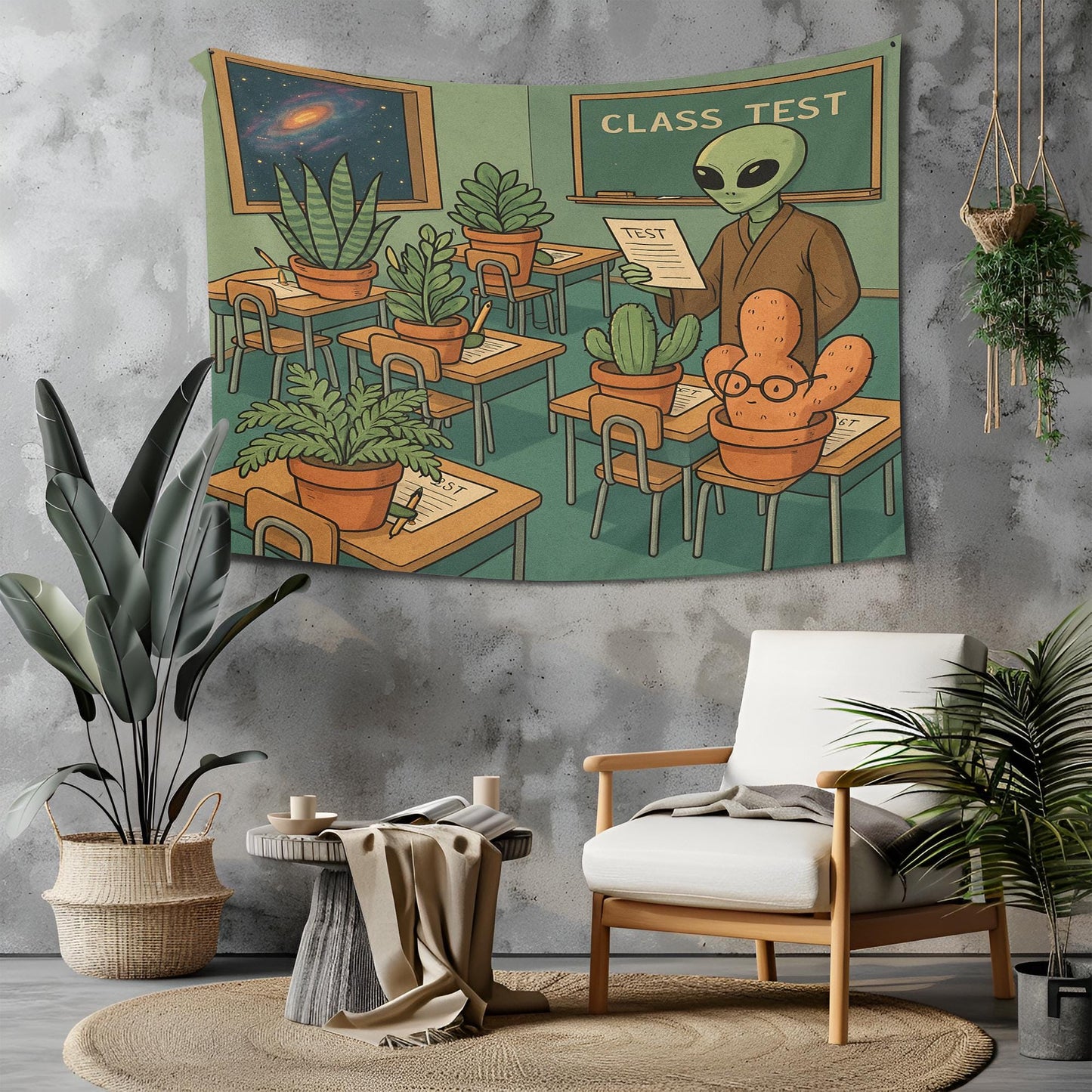 Alien Teacher Classroom Tapestry With Plant Students, Funny Galaxy Wall Art For Dorm, Sci Fi Botanical Decor, Space Gift For Plant Lover