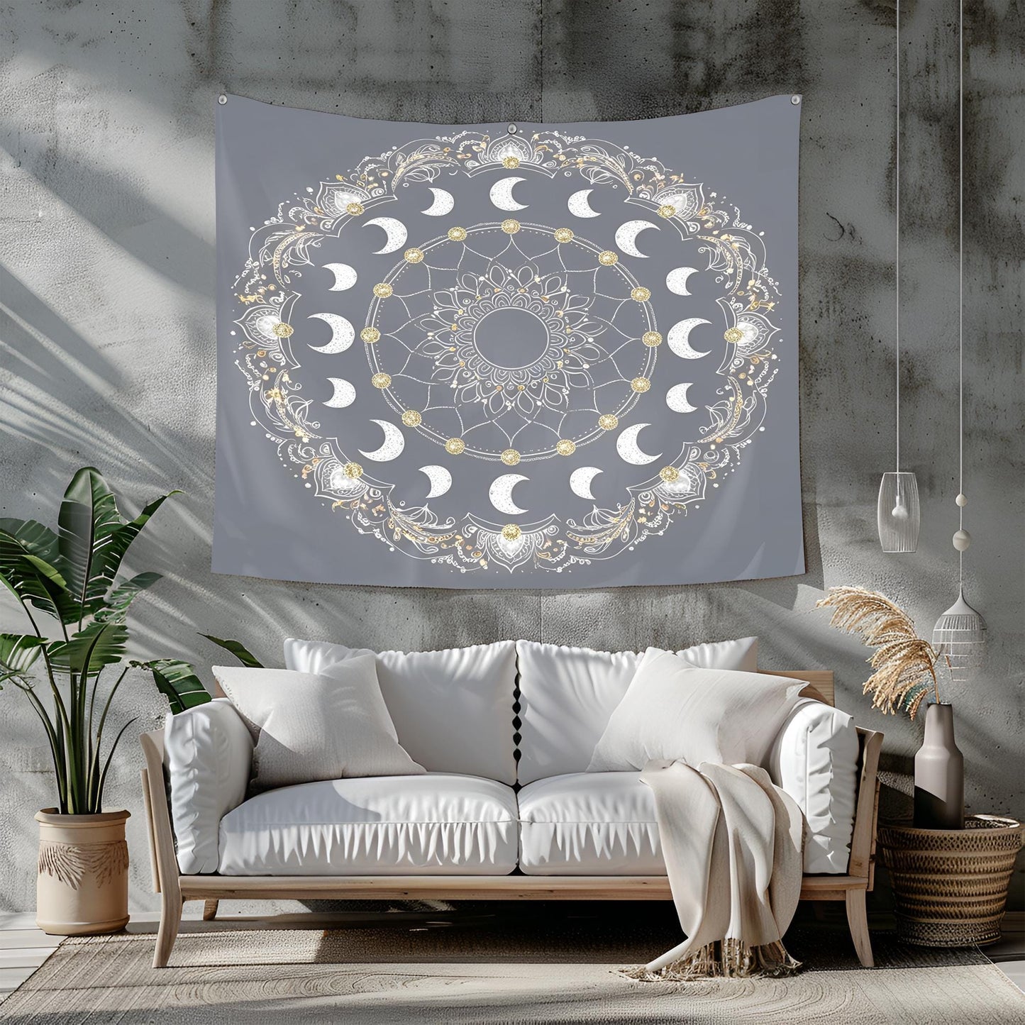 Celestial Mandala Tapestry, Crescent Moon Phases with Silver & Gold Accents, Intricate Swirling Patterns, Cosmic Boho Wall Decor