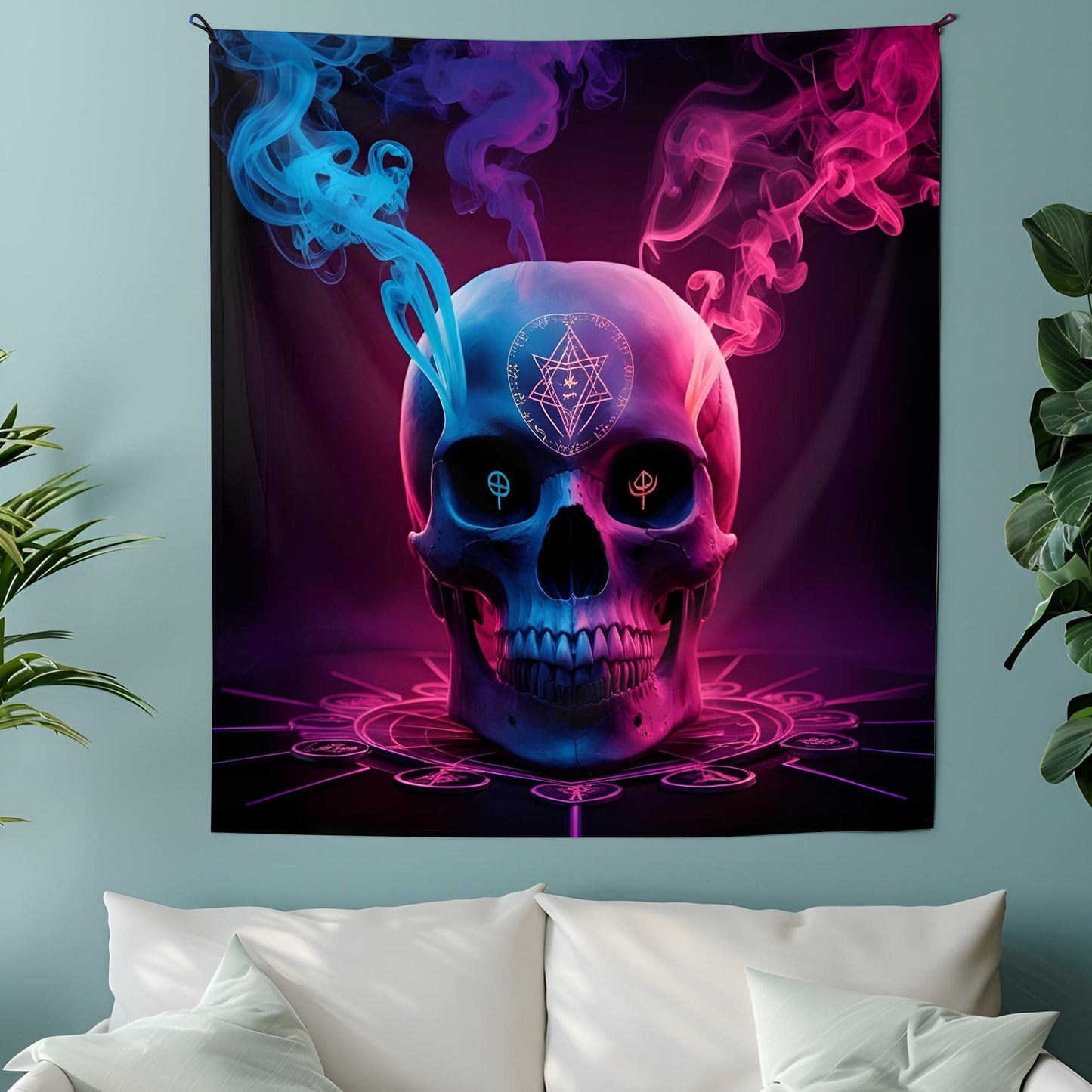Mystical Skull Tapestry, Neon Smoke & Sacred Symbols, Dark Surreal Wall Art, Hyper-Detailed Psychedelic Decor, Trippy Wall Decoration