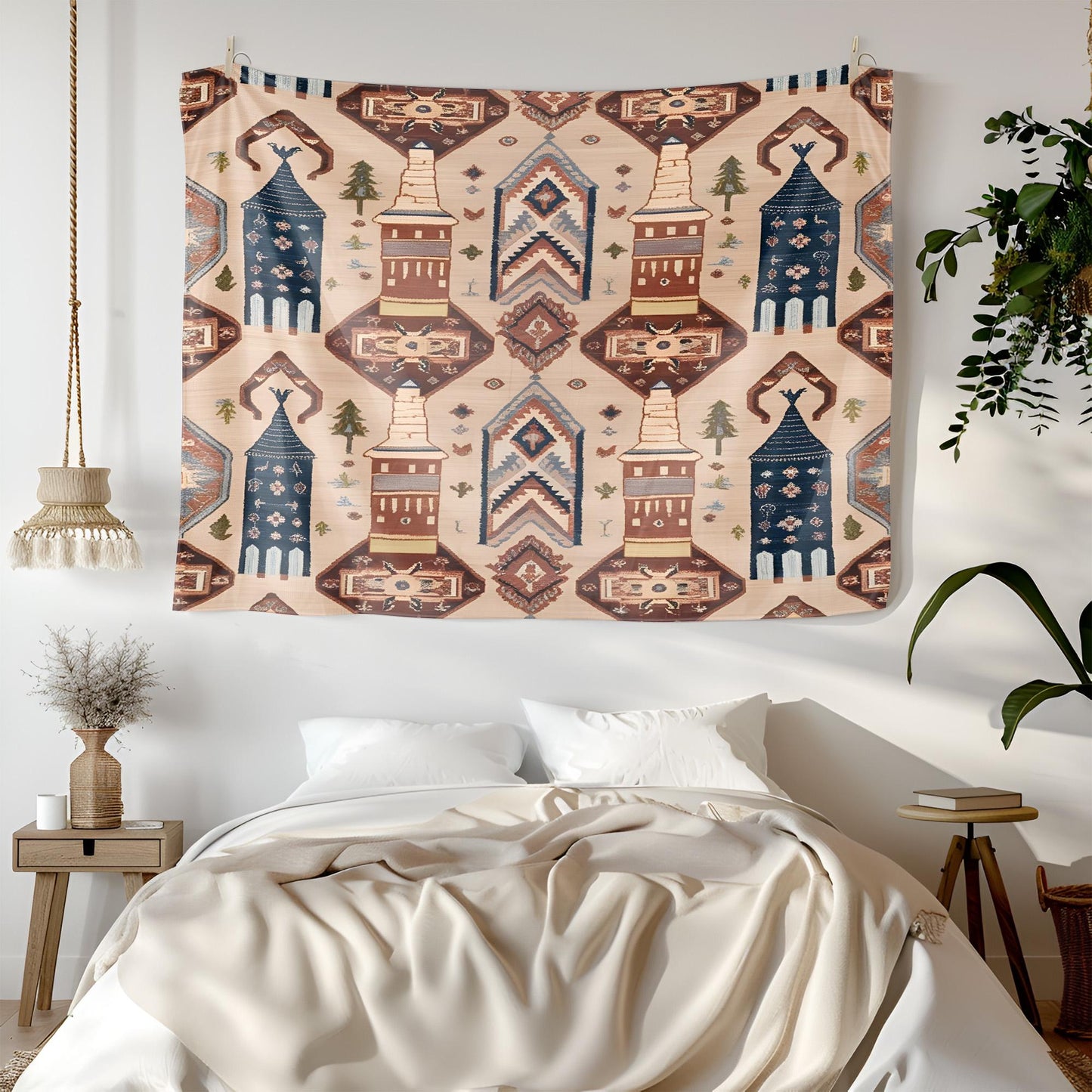 Cappadocia Turkish Tapestry, Fairy Chimneys Wall Hanging, Anatolian Rug Pattern Decor, Dusty Rose Terracotta Deep Blue Art