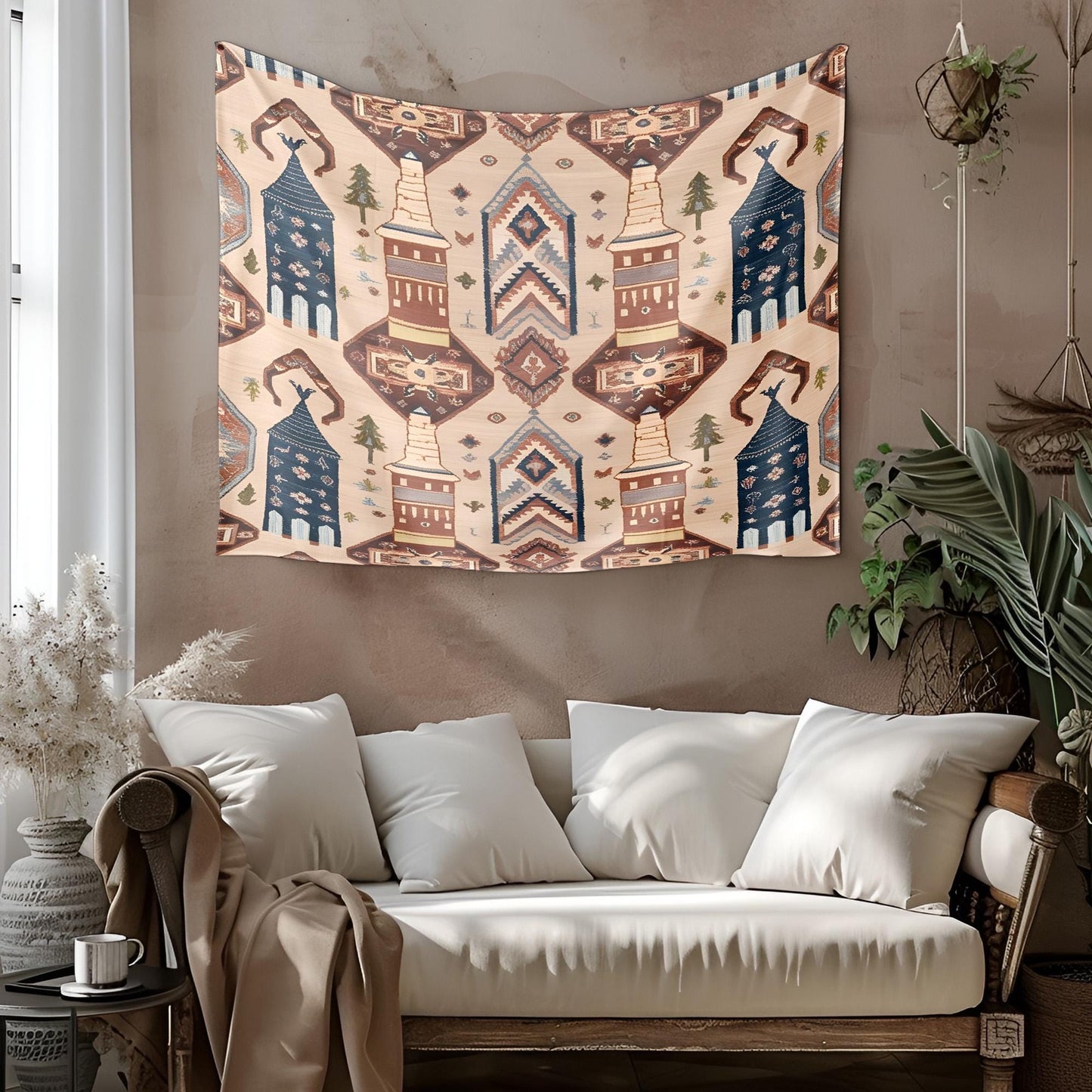Cappadocia Turkish Tapestry, Fairy Chimneys Wall Hanging, Anatolian Rug Pattern Decor, Dusty Rose Terracotta Deep Blue Art