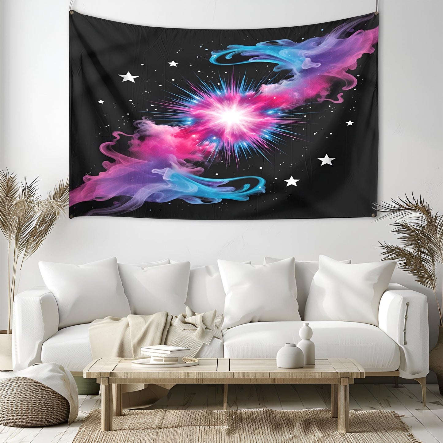 Colorful Space Nebula Tapestry, Central Cosmic Burst with Floating Stars & Swirling Mist, Vibrant Pink Blue Purple on Black Background