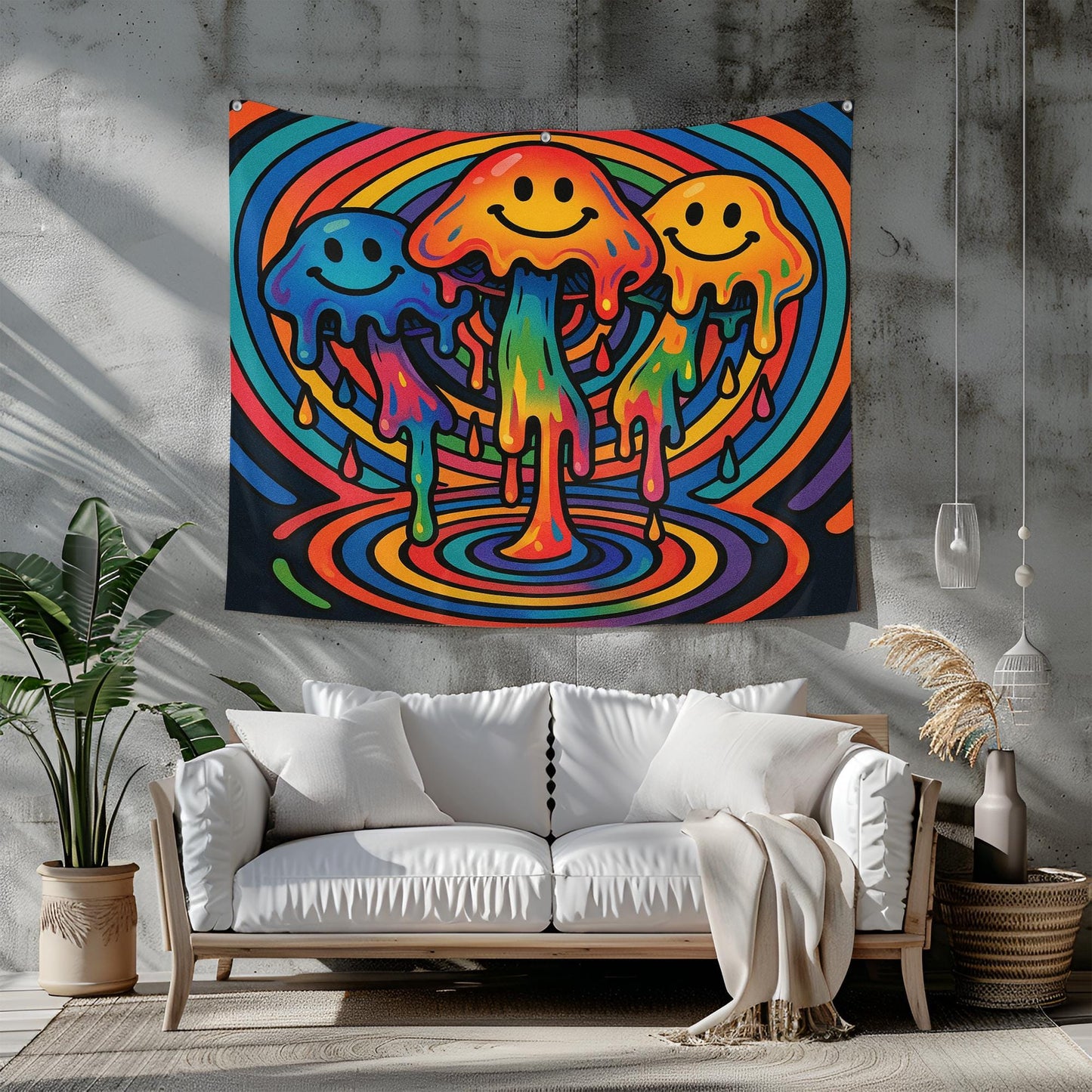 Psychedelic Mushroom Tapestry Wall Art, Trippy Smiley Face Drip Decor For Dorm Or Game Room, Vibrant Boho Gift For Friends Or Teens