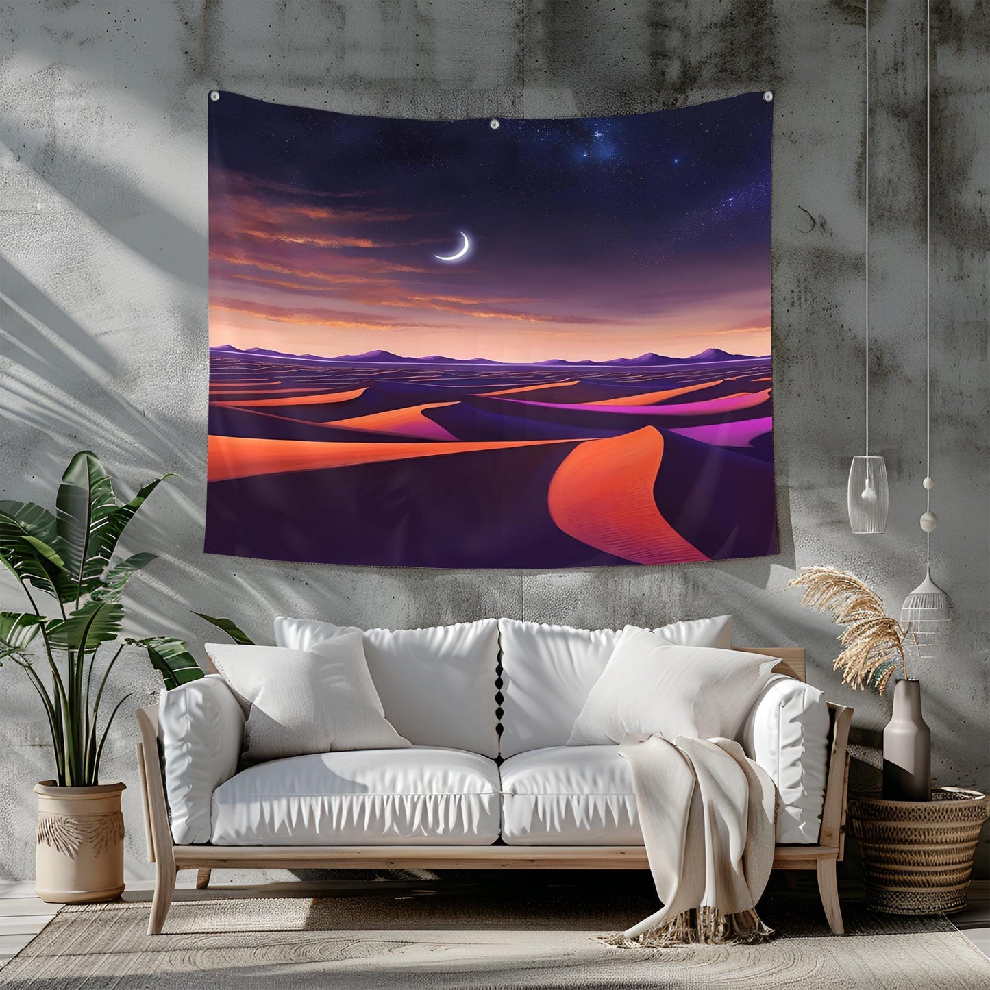 Desert Landscape Tapestry, Starry Night Sky with Crescent Moon, Deep Orange Sand Dunes & Purple Shadows, Tranquil Boho Wall Art