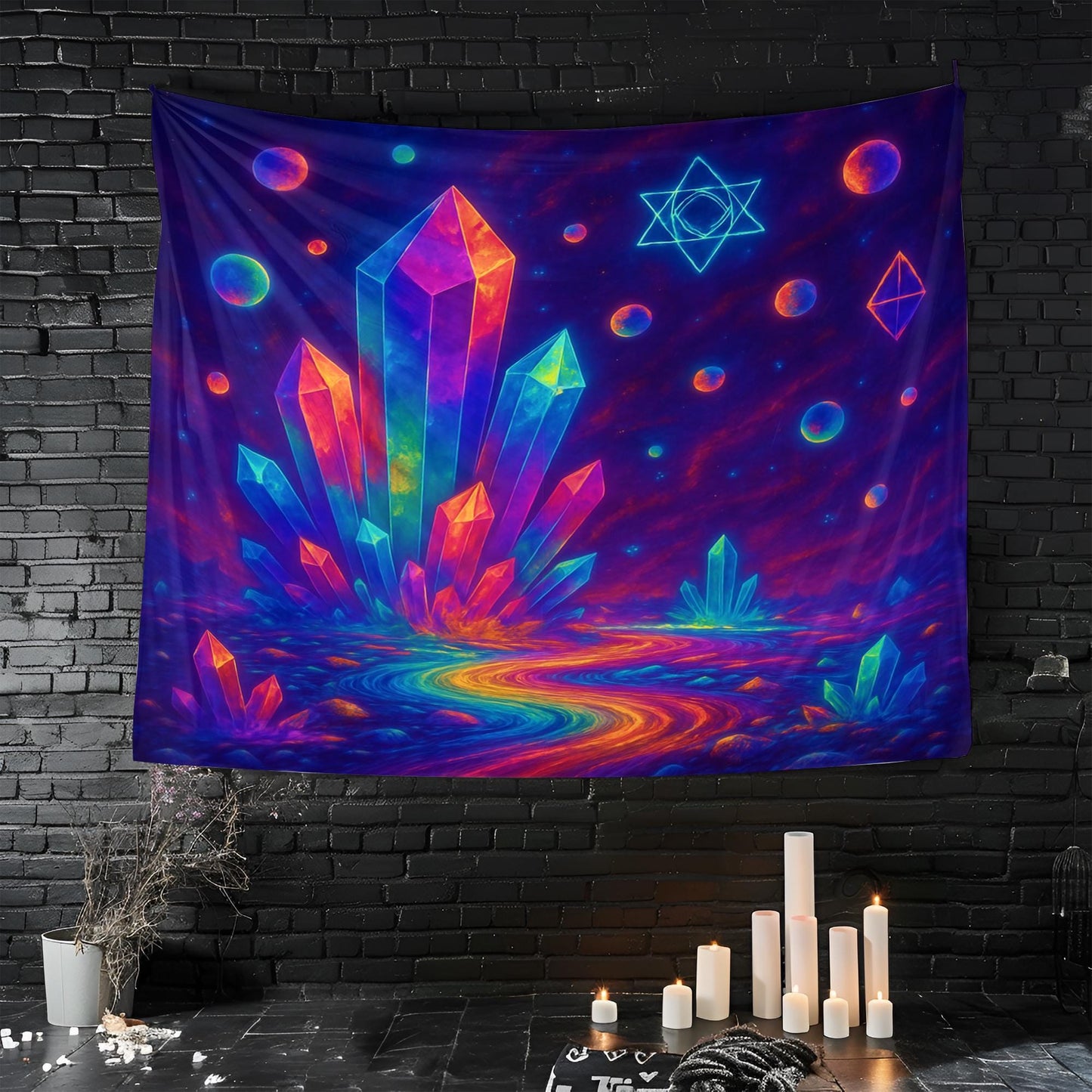 Rainbow Crystal Field Tapestry, Trippy Wall Art With Sacred Geometry, Floating Orbs And Energy Waves, Psychedelic Decor, Gift For Her