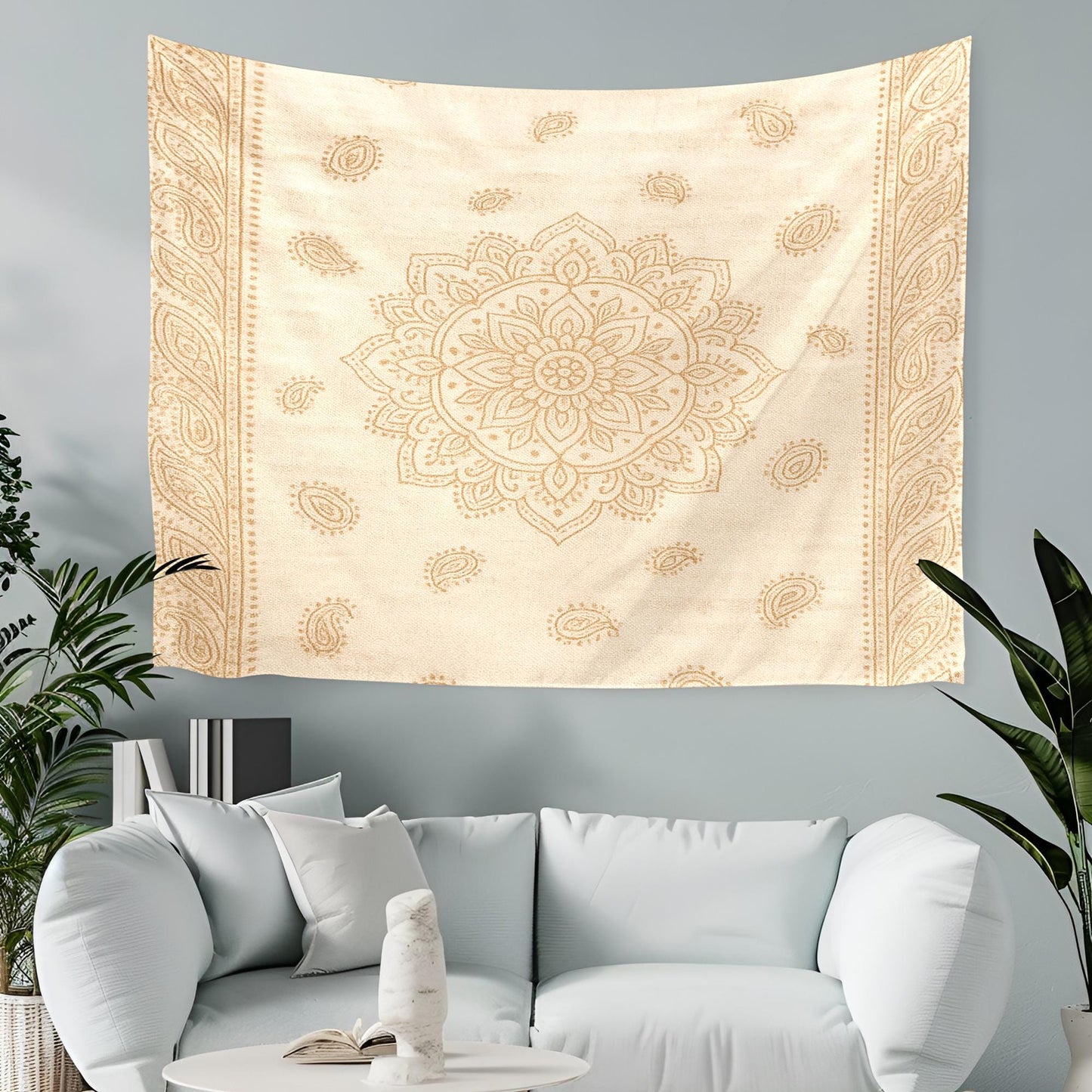 Minimalist Beige Mandala Tapestry – Elegant Boho Wall Hanging with Delicate Floral and Paisley Pattern, Soft Neutral Home Decor Accent