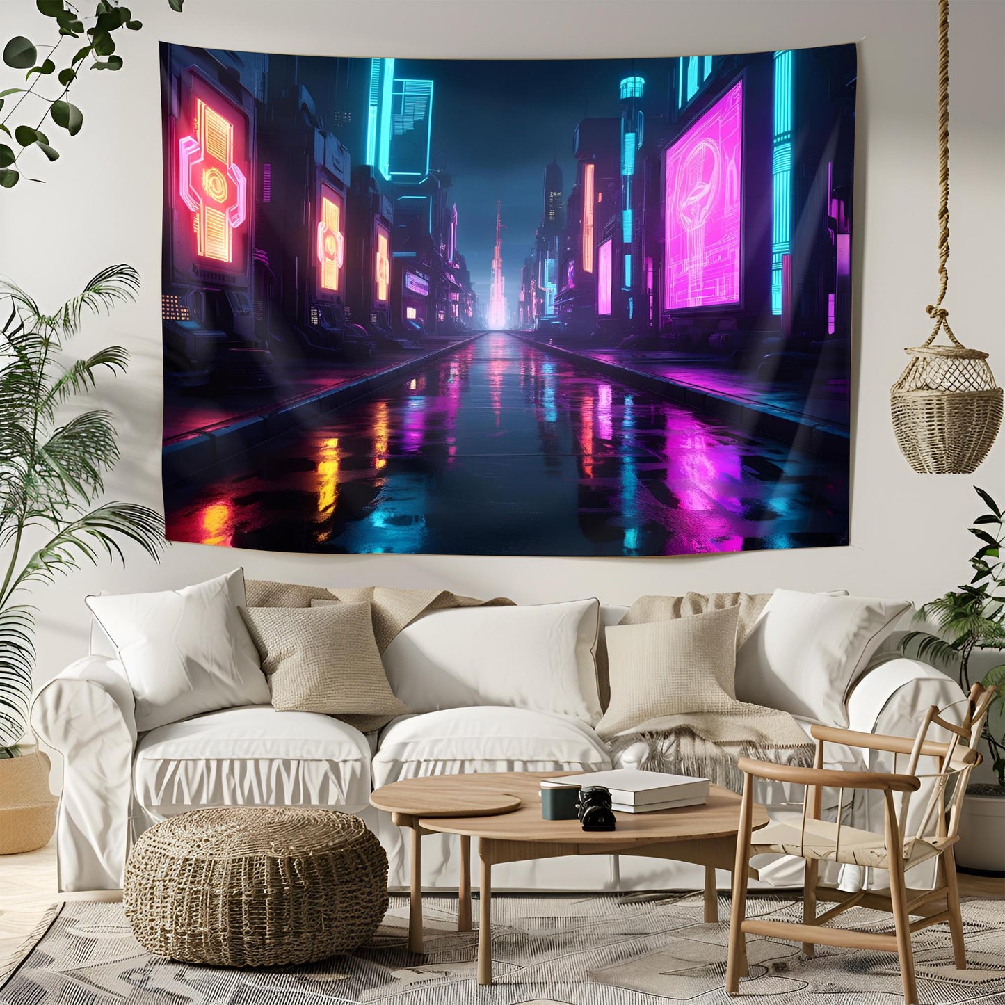 Futuristic Cyberpunk City Tapestry, Neon Holograms, Psychedelic Nightscape with Vibrant Reflections, Ultra-High Detail Art