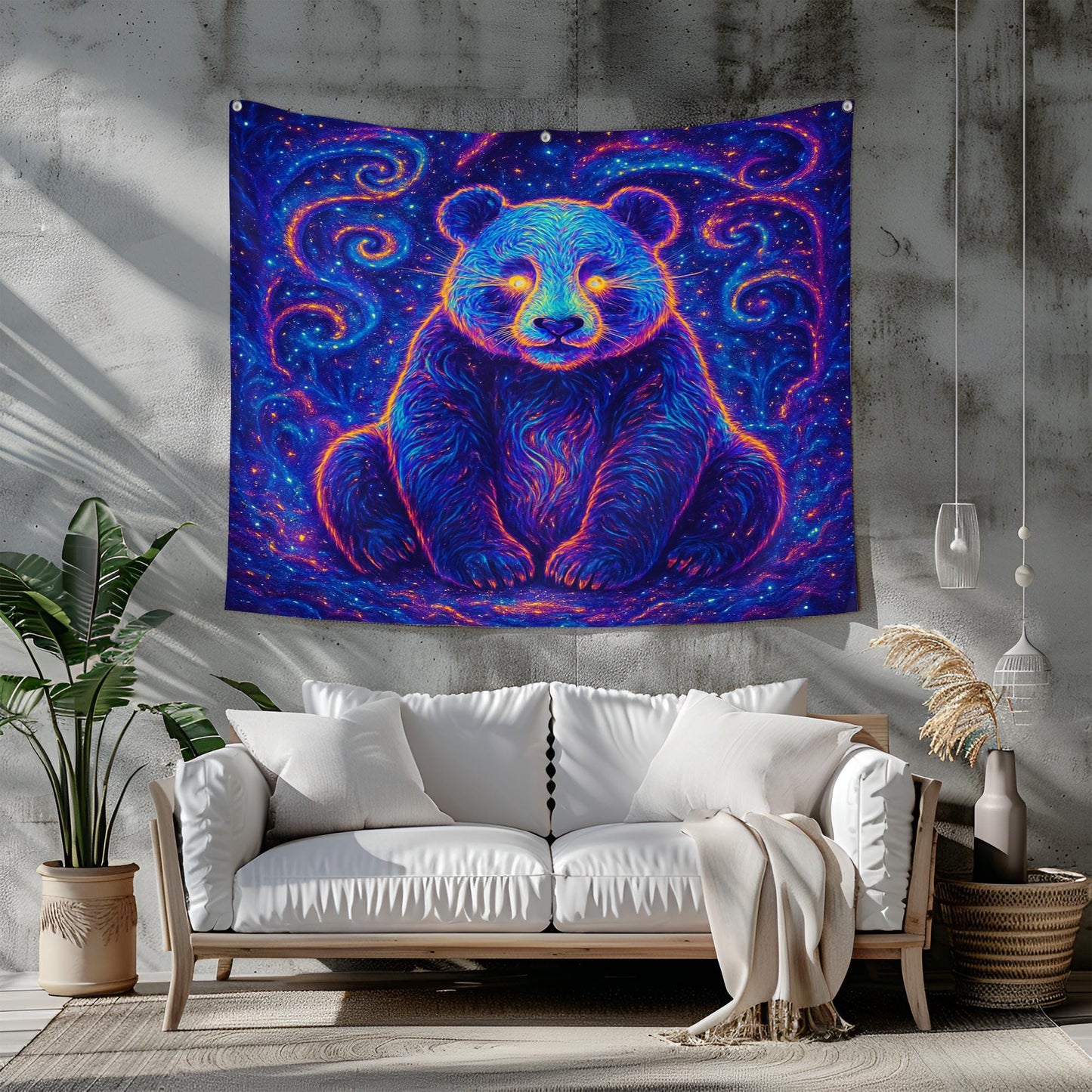 Glowing Neon Panda Sitting in Cosmic Forest Surrounded by Galaxy Fragments with Radiant Eyes in Surreal Psychedelic Aesthetic Tapestry