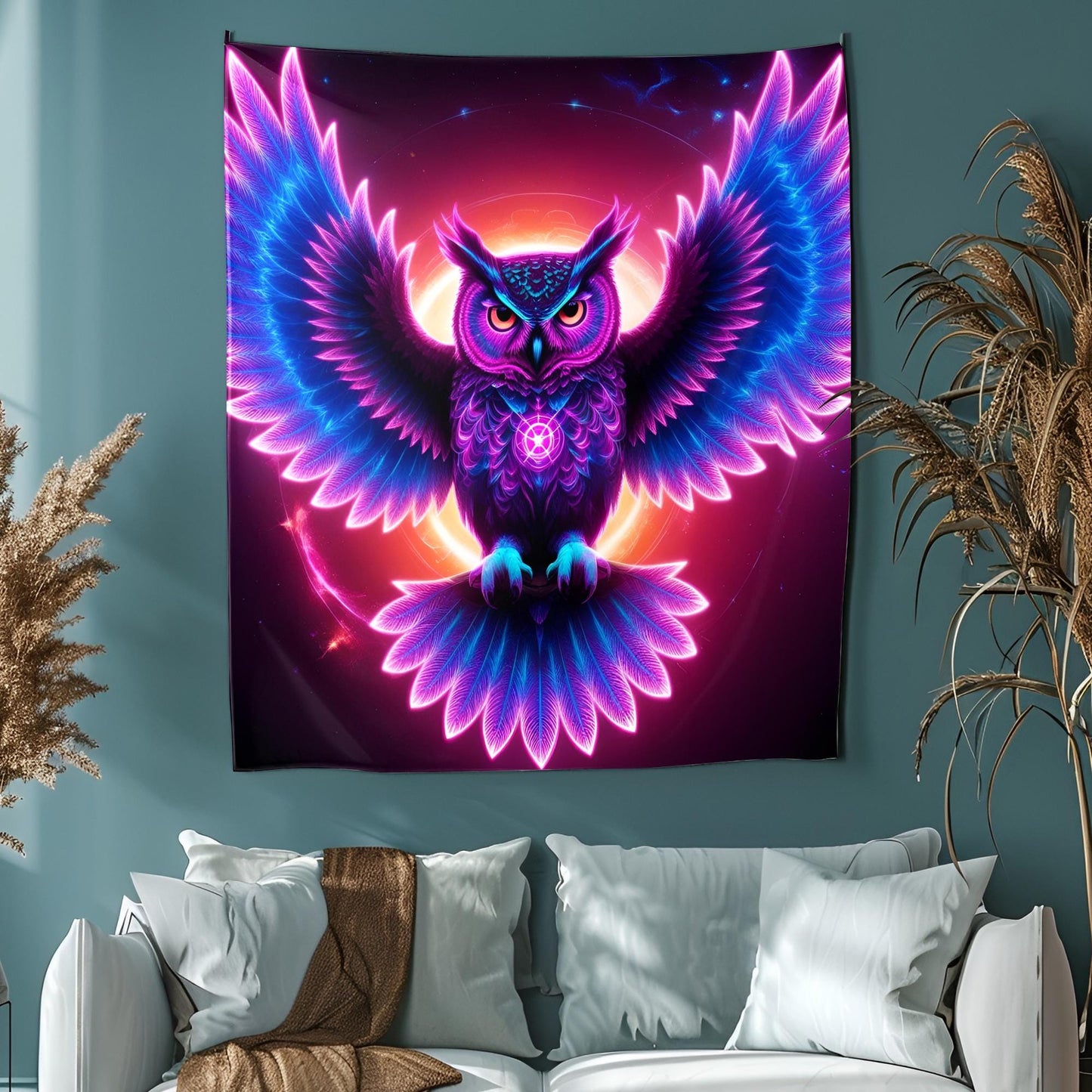 Neon Cosmic Owl Tapestry, Glowing Fractal Feathers & Hypnotic Eyes, Psychedelic Mystic Wall Art, Vibrant Light Trails Decor, Trippy Decor