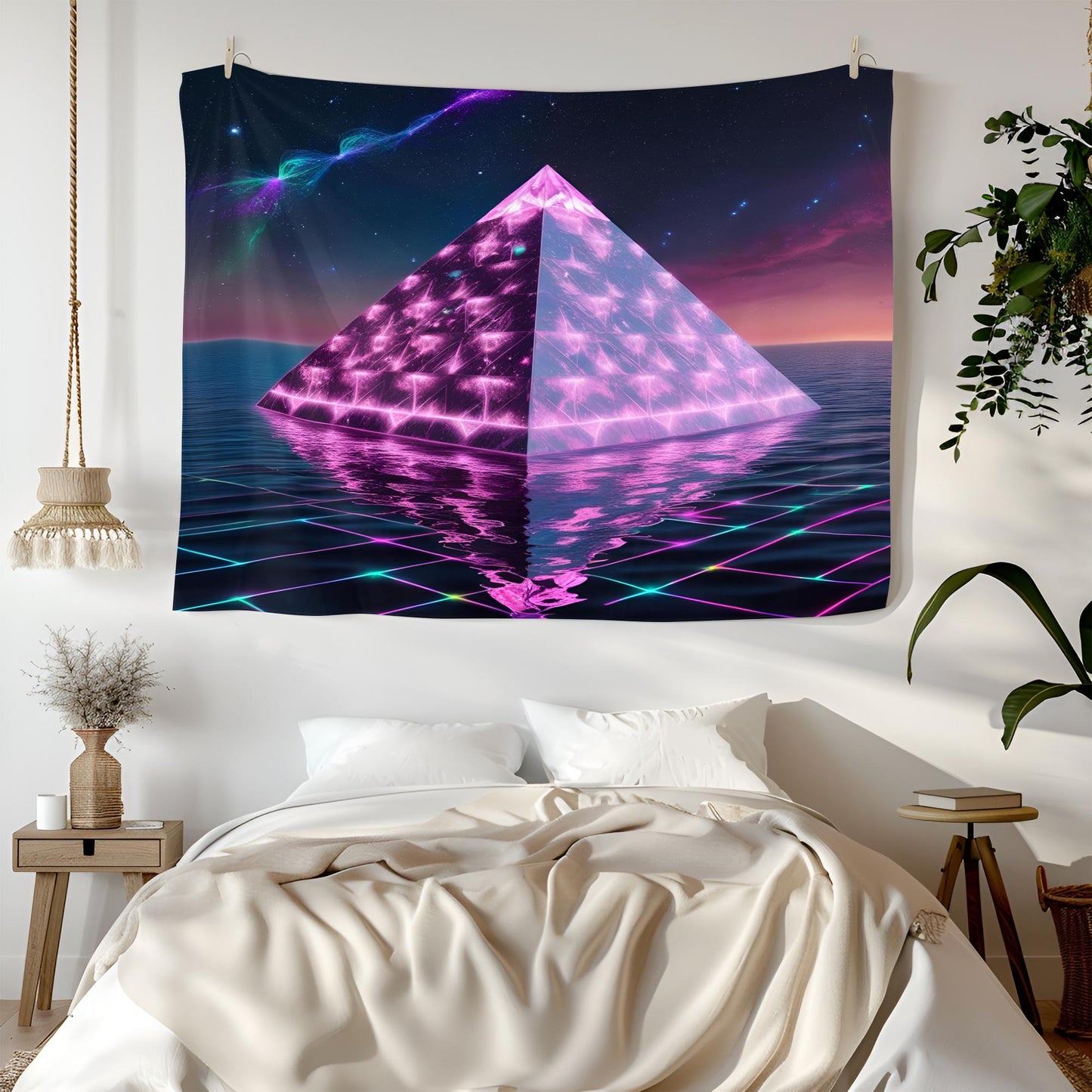 Neon Crystal Pyramid Tapestry, Floating Cosmic Light Prism, Glowing Rainbow Reflections, Geometric Energy Patterns Art, Trippy Tapestry