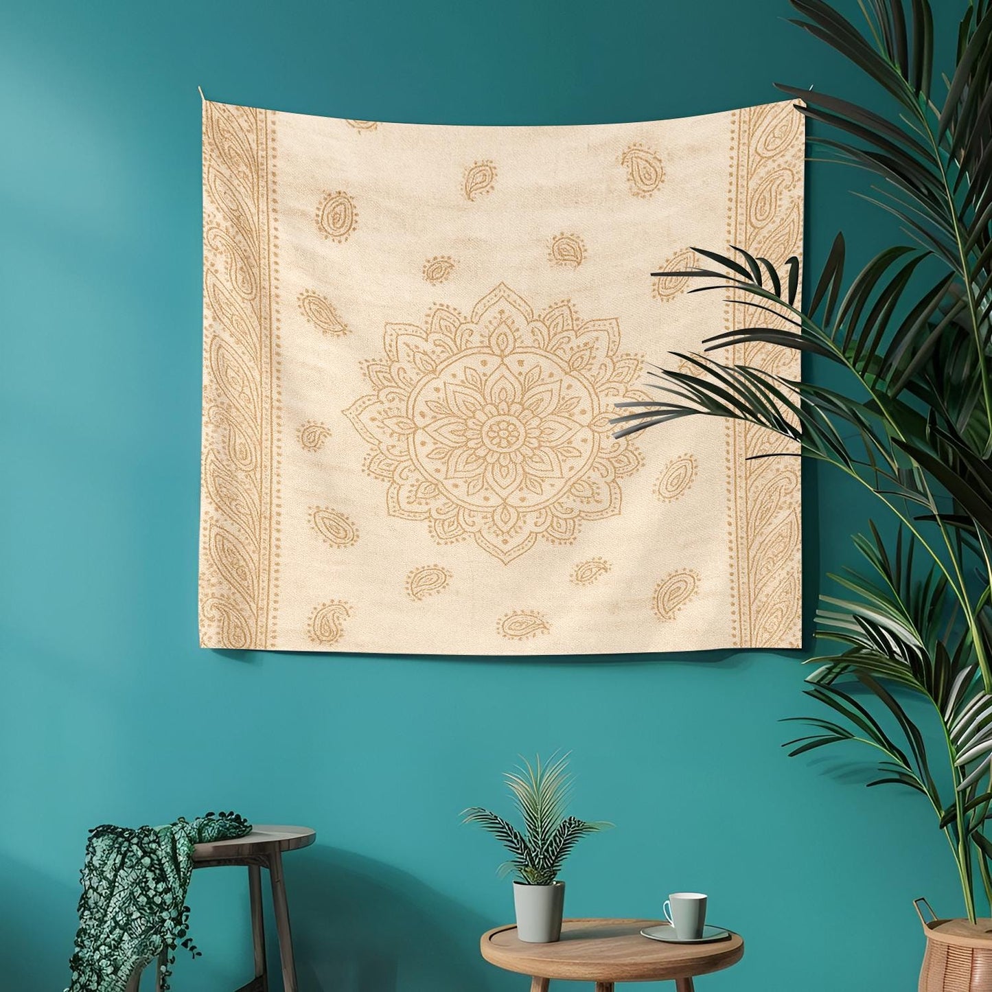 Minimalist Beige Mandala Tapestry – Elegant Boho Wall Hanging with Delicate Floral and Paisley Pattern, Soft Neutral Home Decor Accent