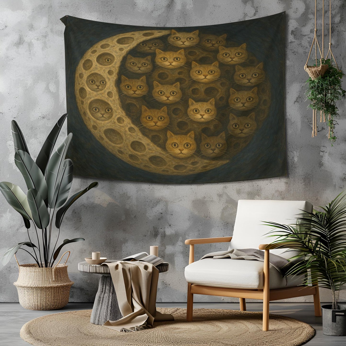 Cat Moon Tapestry Optical Illusion Wall Art, Surreal Feline Print For Cat Lovers, Trippy Dorm Room Decor, Mystical Bedroom Accent Gift