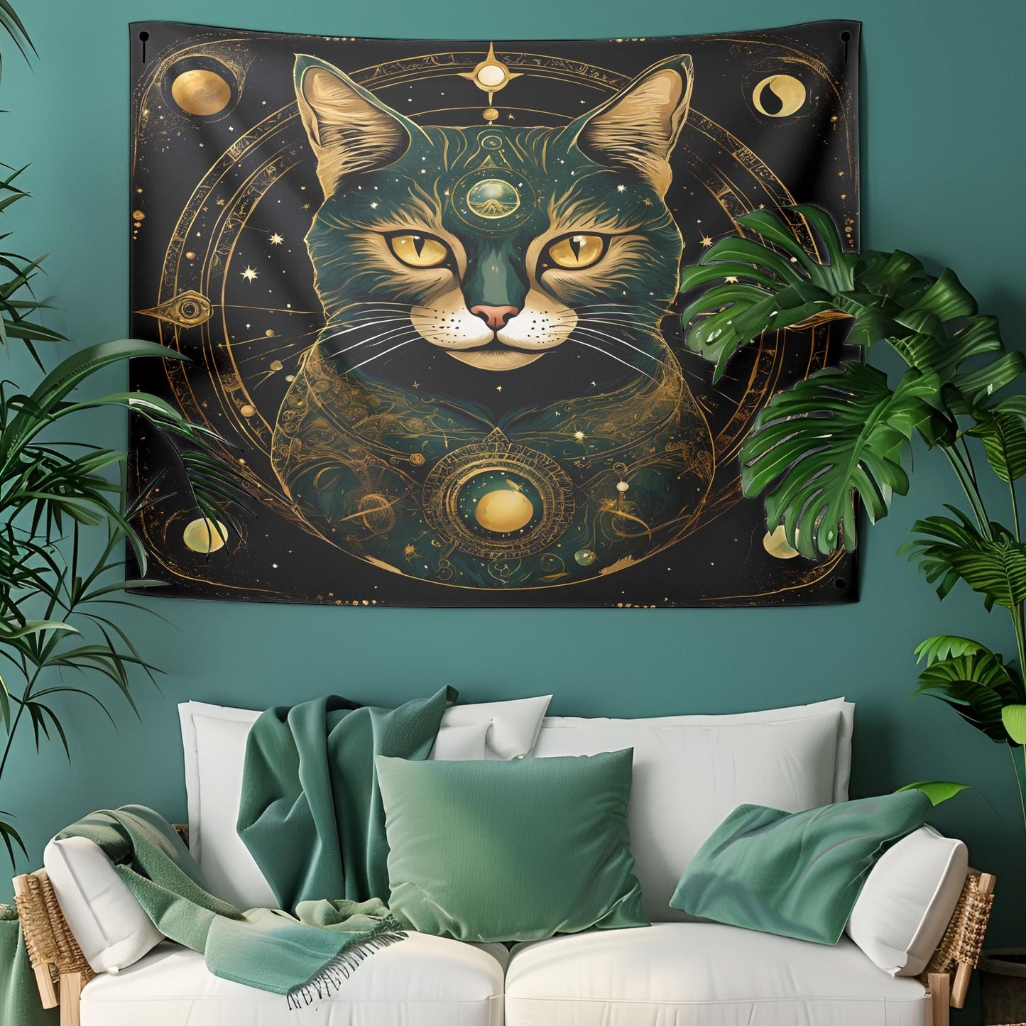 Mystical Third Eye Cat Tapestry - Celestial Astrology Wall Hanging - Cosmic Feline Decor - Witchy Home Art - Occult & Spiritual Tapestry