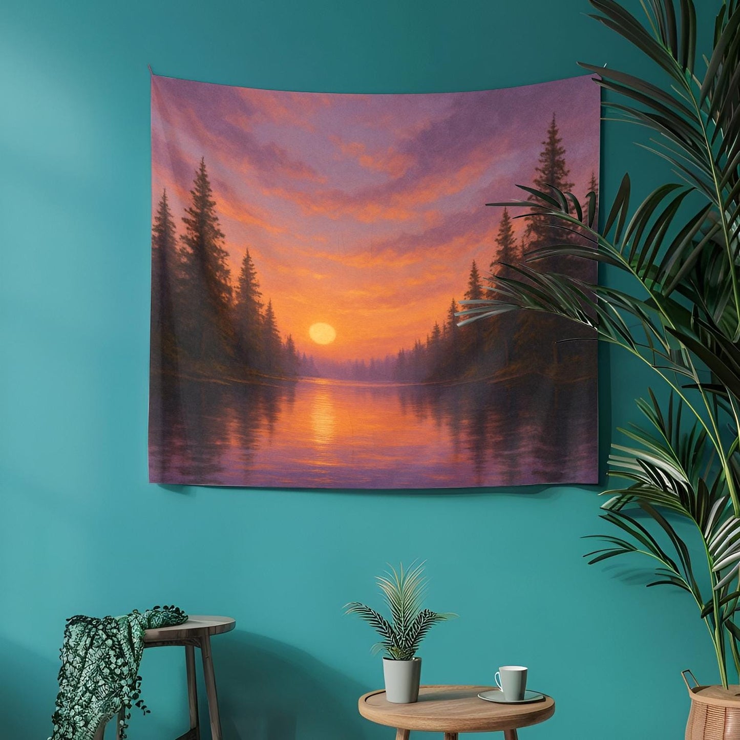 Sunset Lake Tapestry – Serene Forest Wall Hanging, Nature Landscape Wall Art, Tranquil Water Scene for Dorm, Bedroom or Living Room Decor