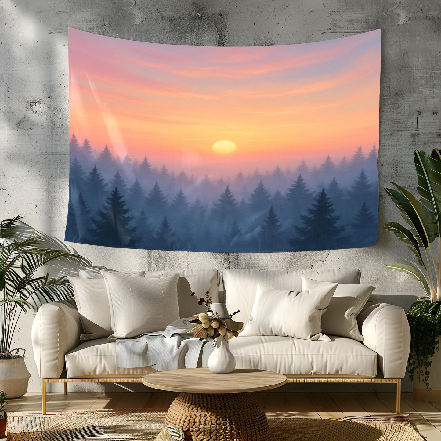Sunrise Forest Landscape Tapestry with Misty Pine Trees and Pastel Sky β Tranquil Nature Wall Art for Boho Home and Bedroom Decor