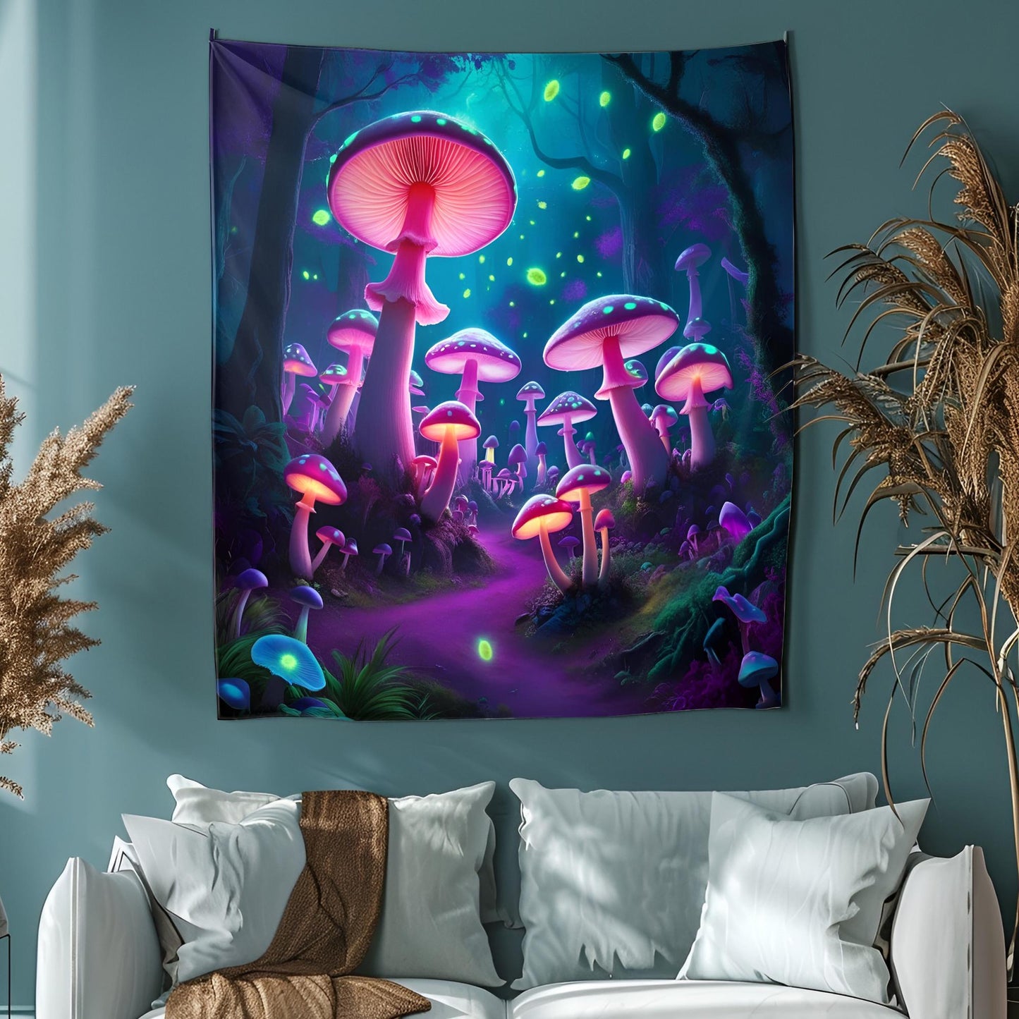Bioluminescent Mushroom Forest Tapestry, Glowing Neon Spore Art, Fantasy Psychedelic Wall Hanging, Dreamy Purple Blue Green Decor,