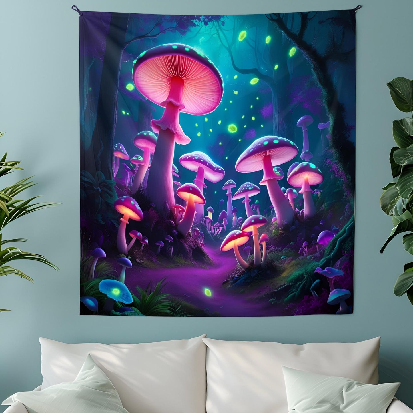 Bioluminescent Mushroom Forest Tapestry, Glowing Neon Spore Art, Fantasy Psychedelic Wall Hanging, Dreamy Purple Blue Green Decor,