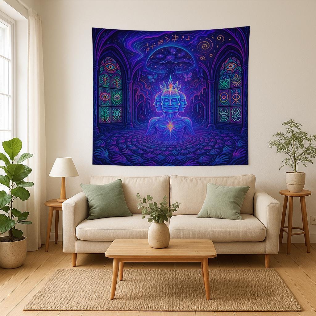Psychedelic Wall Tapestry – Trippy Spiritual Art, Cosmic Meditation Decor, Visionary 3-Headed Deity Wall Hanging, Boho Room Aesthetic, Dorm