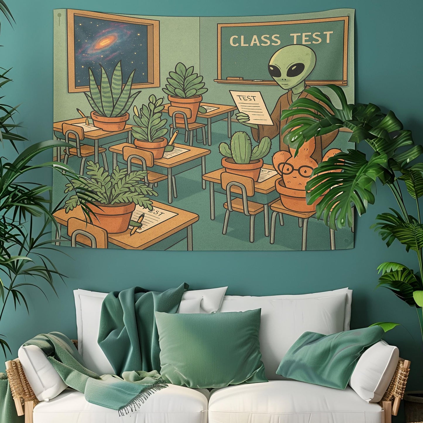 Alien Teacher Classroom Tapestry With Plant Students, Funny Galaxy Wall Art For Dorm, Sci Fi Botanical Decor, Space Gift For Plant Lover