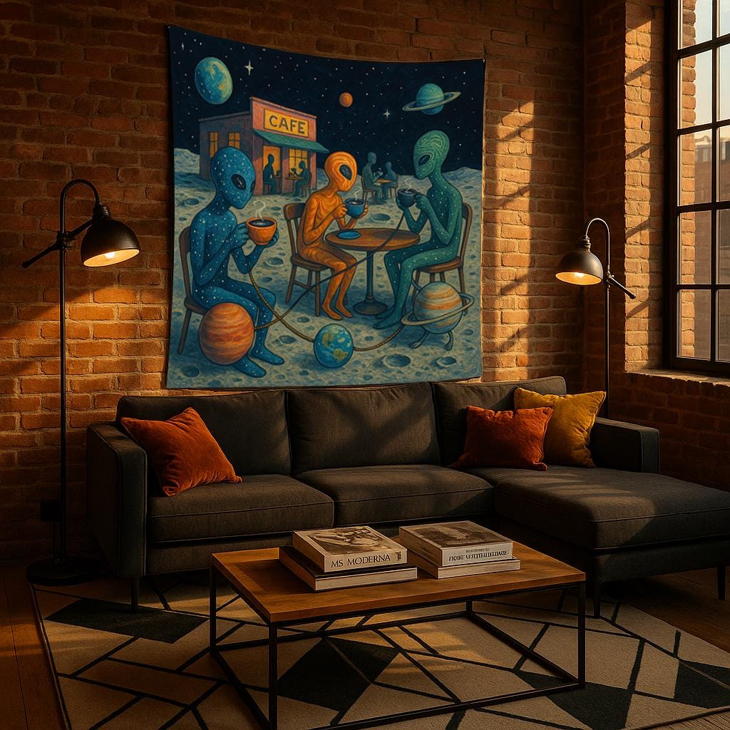 Alien Cafe Wall Tapestry with Space Beings Drinking Coffee on the Moon, Whimsical Outer Space Art for Sci-Fi Bedroom or Dorm Room Decor