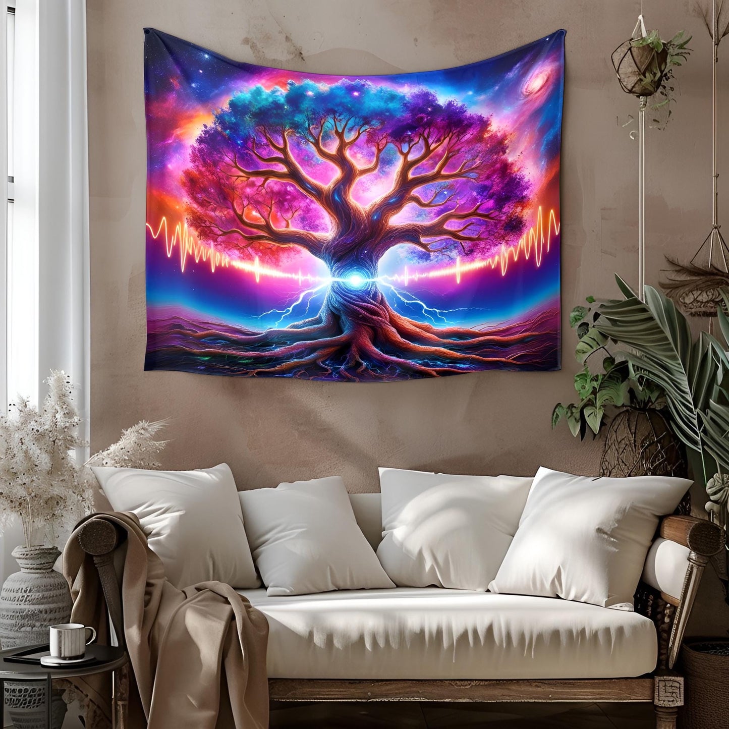Mystical Cosmic Tree Tapestry, Glowing Branches & Galactic Roots, Neon Energy Waves, Psychedelic Surreal Wall Art, Trippy Wall Art