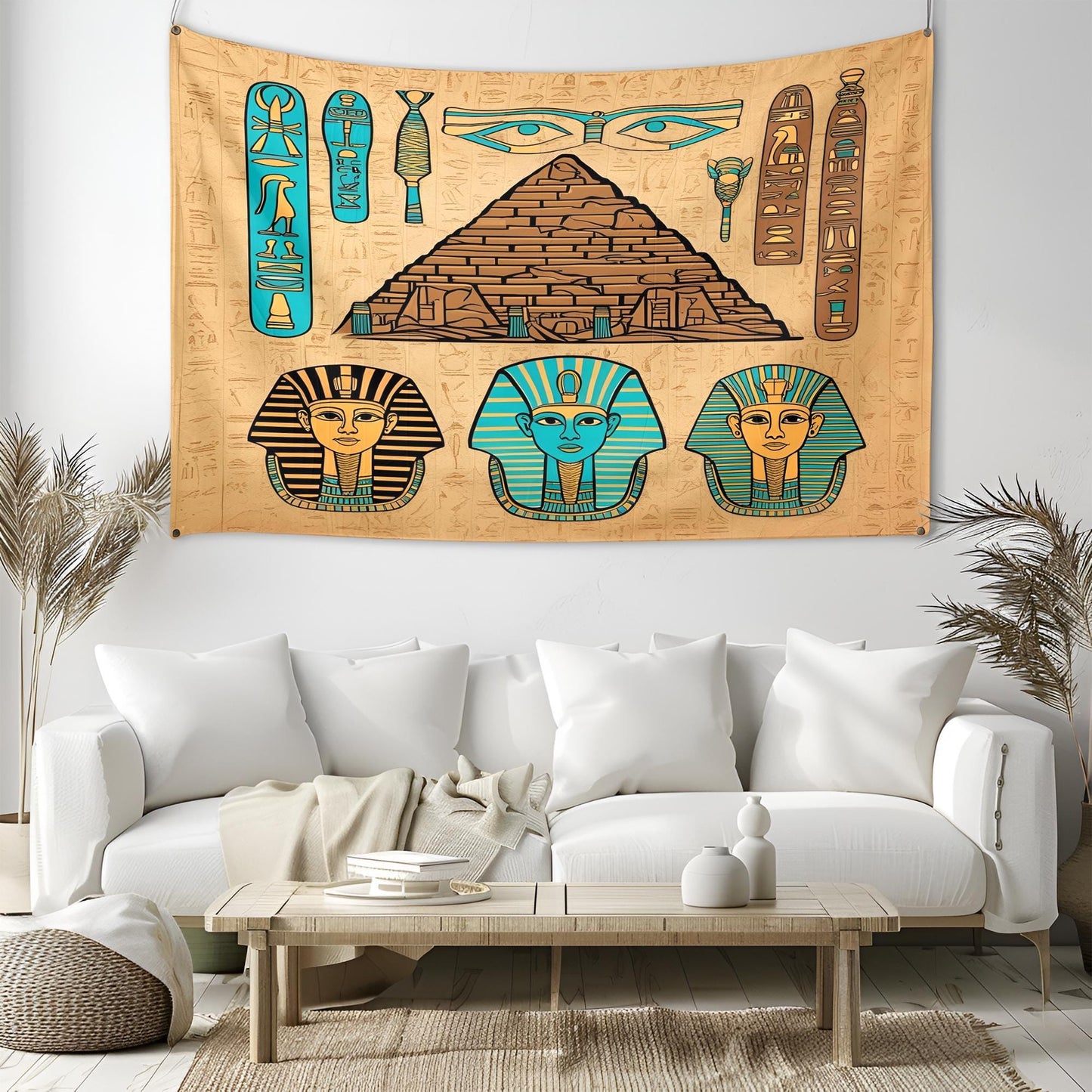 Egyptian Tapestry with Hieroglyphs, Pyramids & Pharaoh Masks, Golden Brown Turquoise Tones, Ancient Papyrus Texture Wall Art