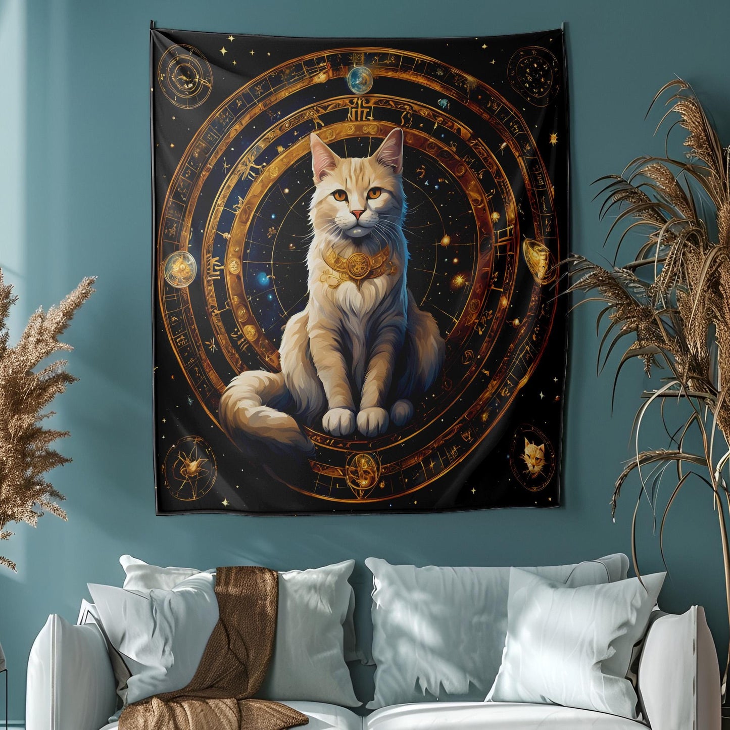 Zodiac Circle Cat Tapestry - Astrological Feline Wall Hanging - Celestial Cosmic Decor - Mystic Astrology Art - Witchy Home Decor