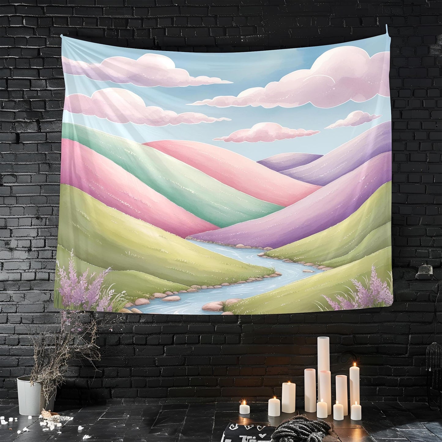 Pastel Rolling Hills Tapestry, Soft Pink Mint Green Lavender Landscape, Gentle Watercolor Clouds & Winding Rivers, Dream Nature Art Tapestry