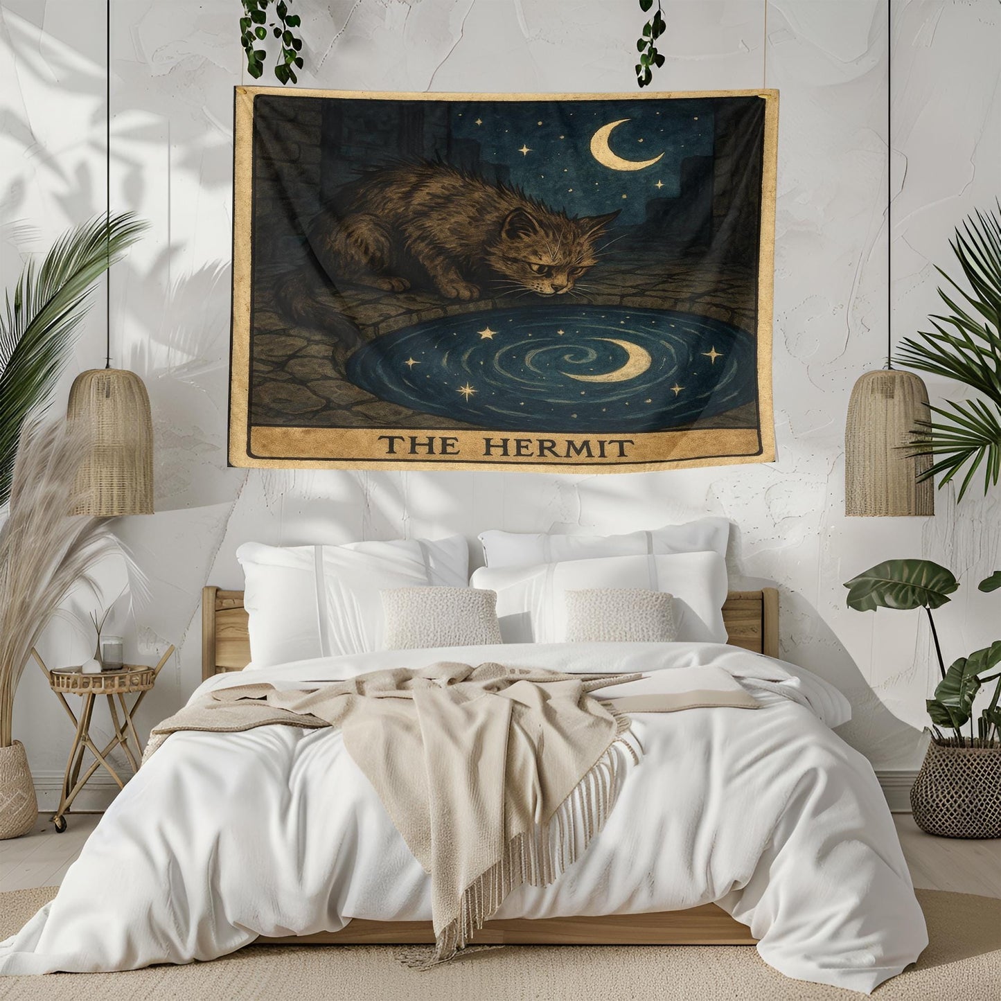 The Hermit Cat Tapestry – Tarot-Inspired Mystical Wall Art, Introspective Boho Cat Decor, Celestial Gothic Tapestry for Bedroom or Altar