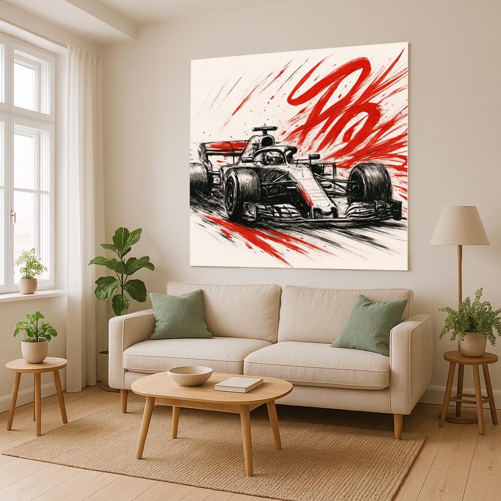 Formula 1 Racing Sketch Tapestry, Red & Black F1 Car Wall Art, Speed Decor for Car Lovers, Motorsport Man Cave Gift, Dynamic Auto Print