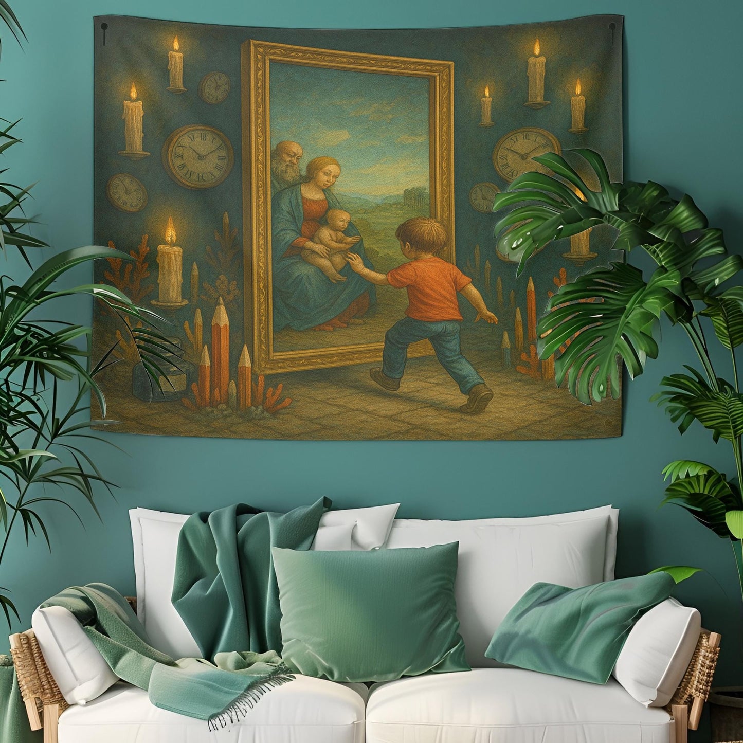 Child Stepping Through Mirror Into Renaissance Painting Tapestry, Floating Candles And Broken Clocks, Surreal Wall Art, Gift For Her