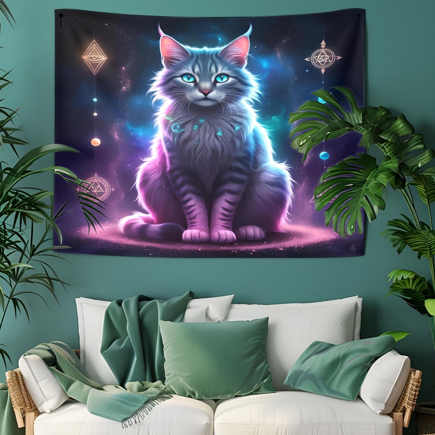 Mystical Three-Eyed Cat Tapestry, Neon Glowing Fur Art, Sacred Symbols & Cosmic Dreamscape, Trippy Psychedelic Decor , Cat Psychedelic