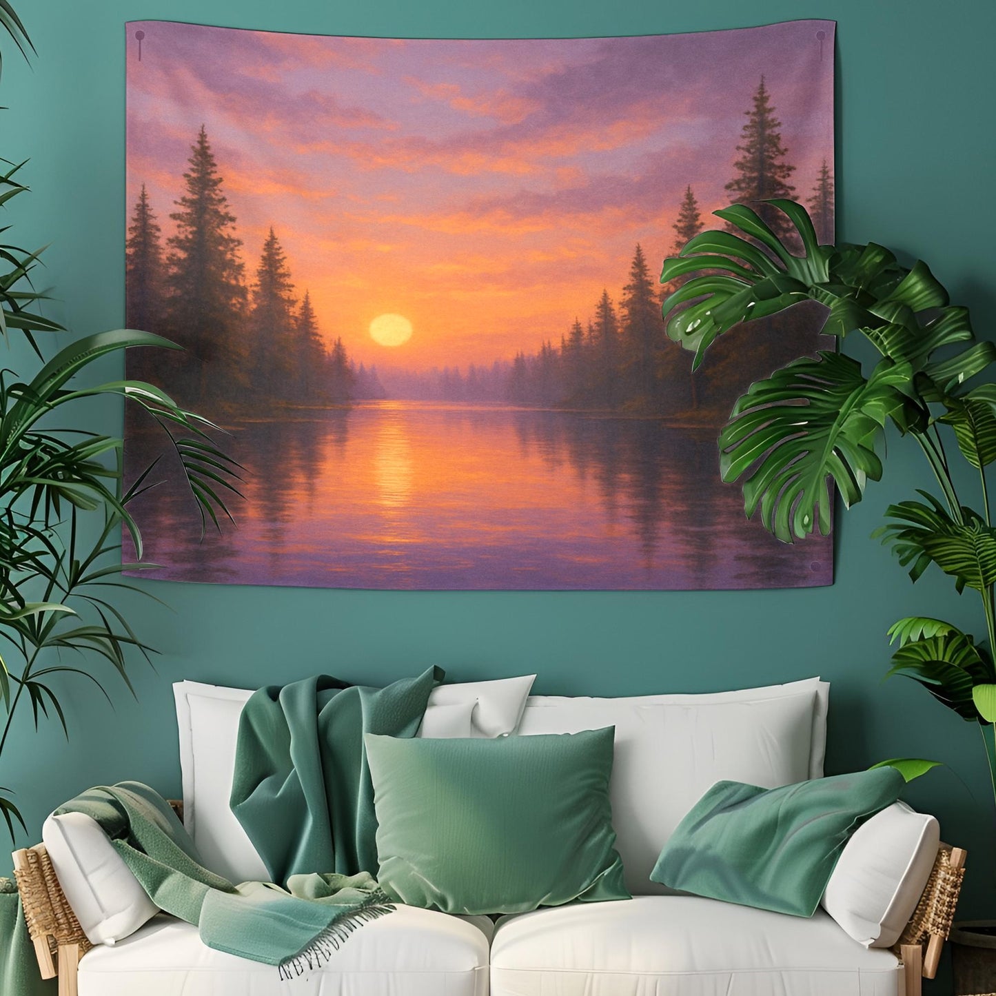 Sunset Lake Tapestry – Serene Forest Wall Hanging, Nature Landscape Wall Art, Tranquil Water Scene for Dorm, Bedroom or Living Room Decor