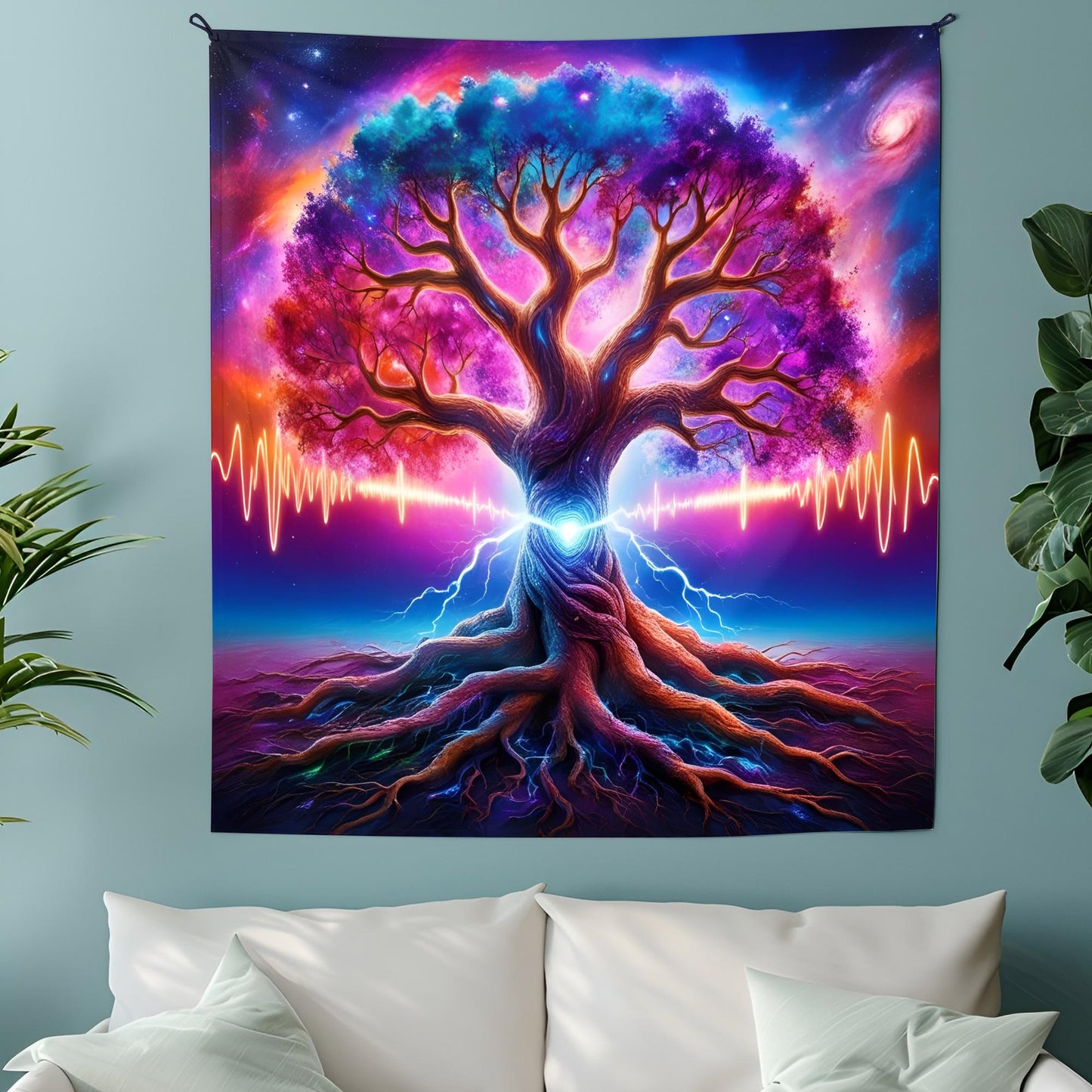 Mystical Cosmic Tree Tapestry, Glowing Branches & Galactic Roots, Neon Energy Waves, Psychedelic Surreal Wall Art, Trippy Wall Art