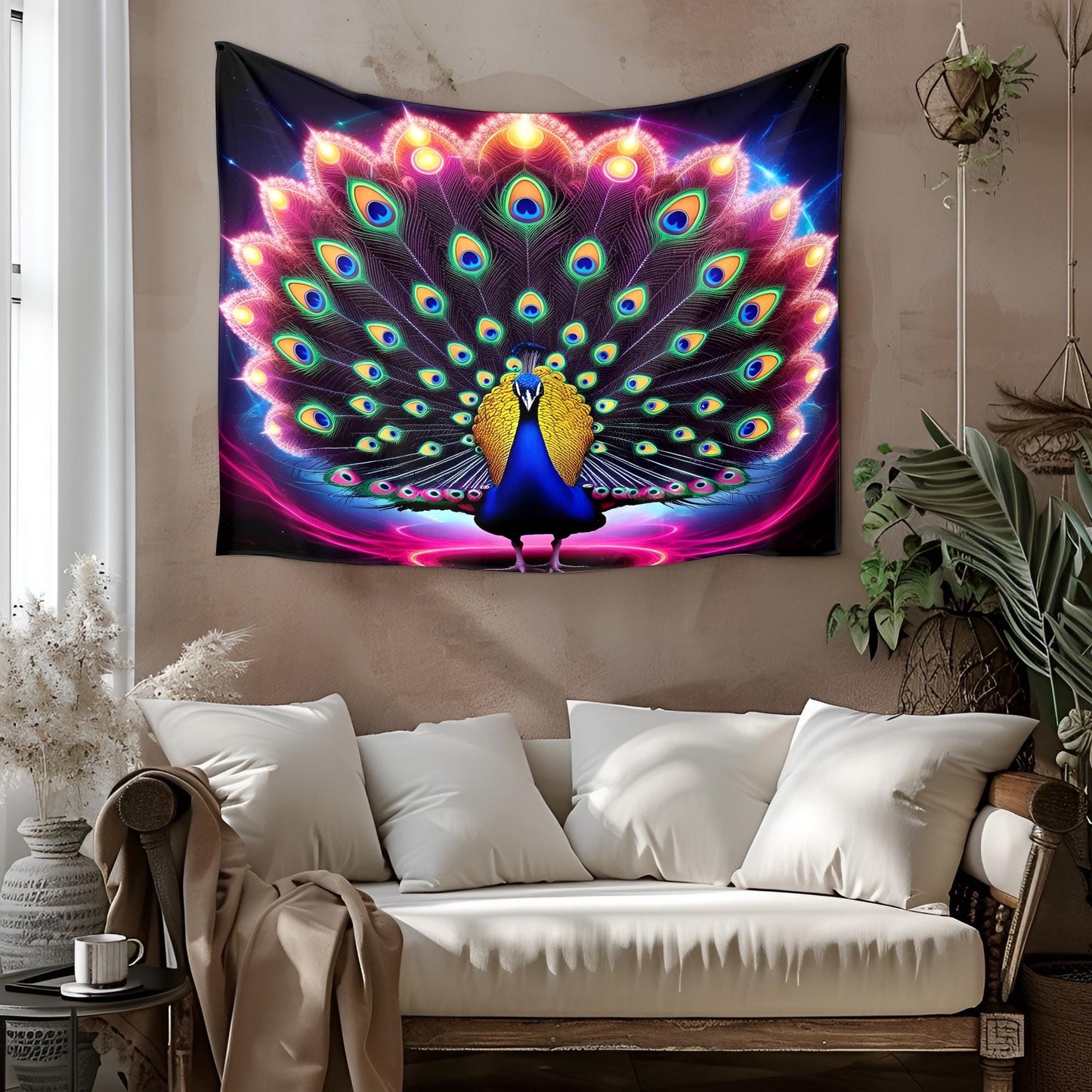 Majestic Neon Peacock Tapestry, Swirling Fractal Tail,Glowing Rainbow Eyes, Cosmic Aura & Psychedelic Color Explosion, Ultra-Detailed Art