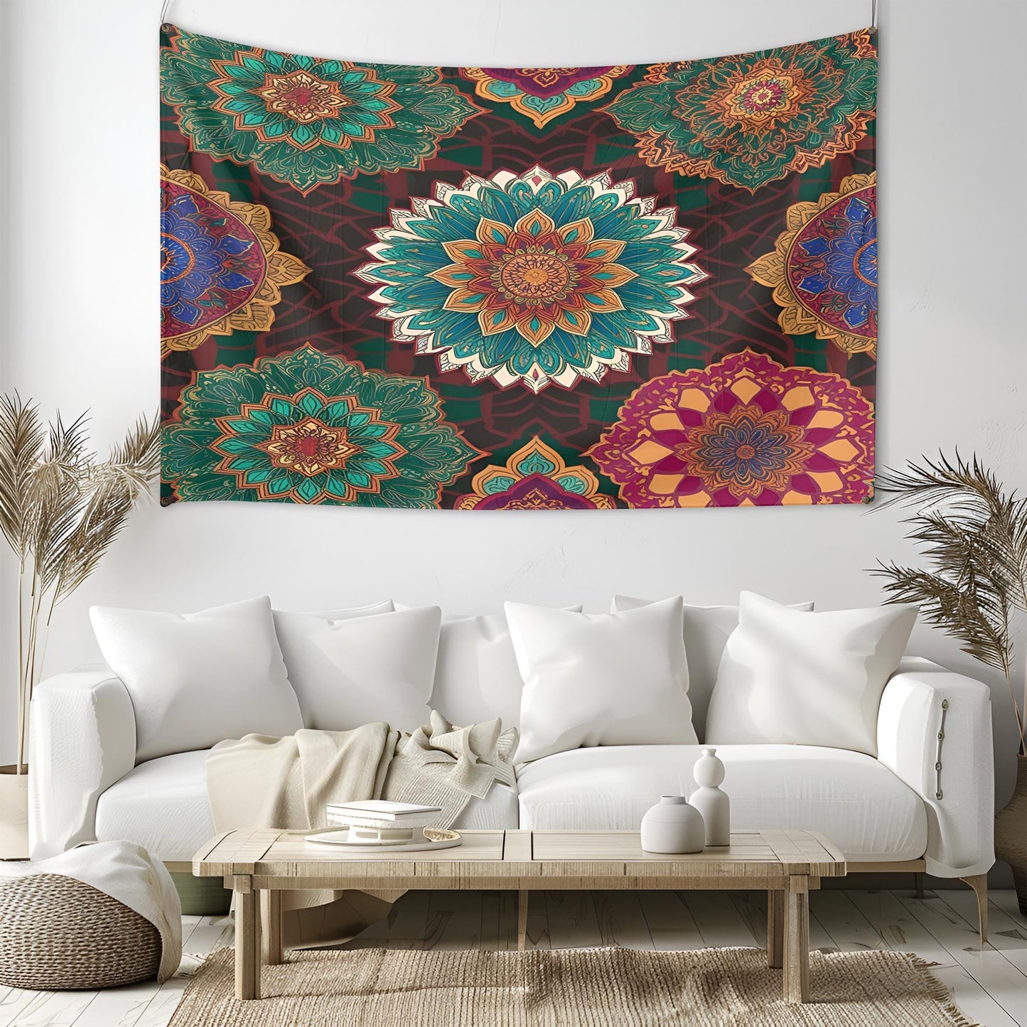 Moroccan Mandala Pattern Tapestry, Seamless Ornate Geometric Design with Rich Jewel Tones, Intricate Interwoven Details, Boho Wall Art