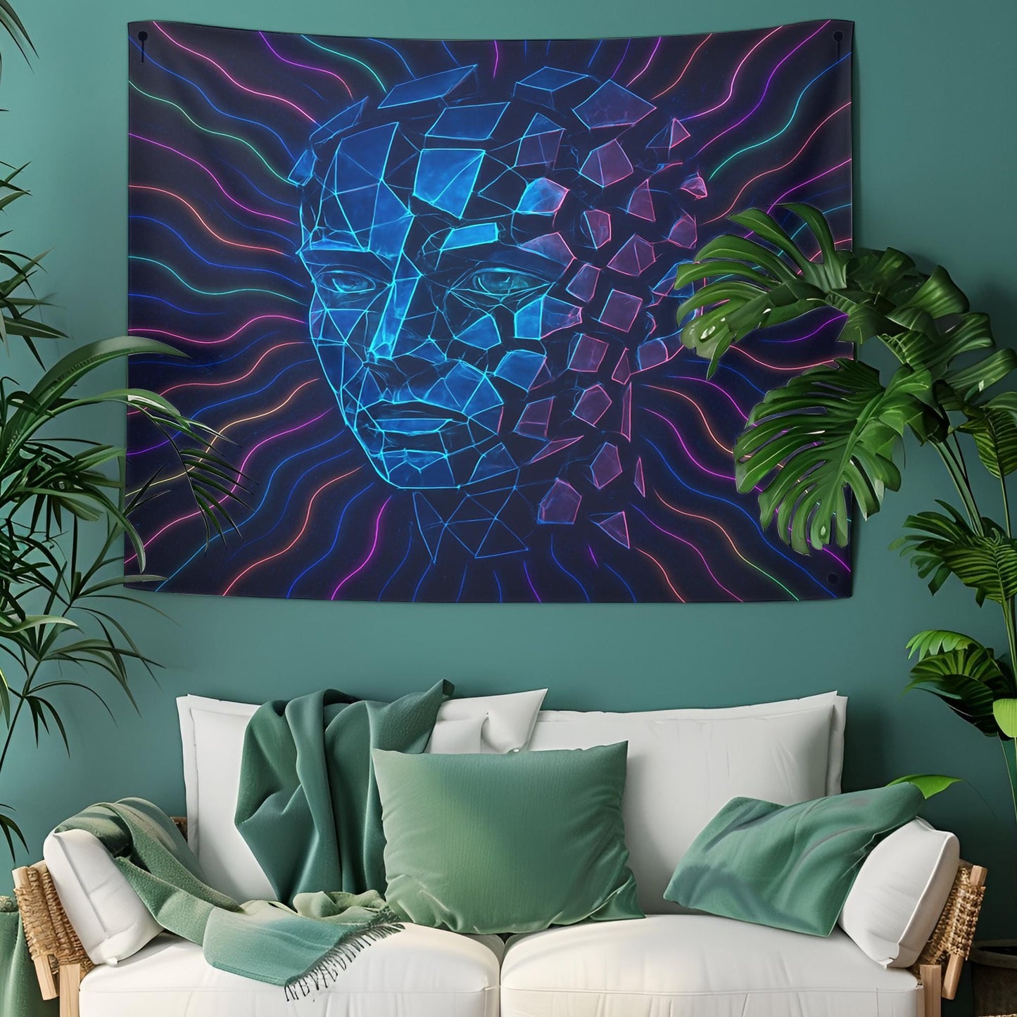 Fractured Face Psychedelic Tapestry Wall Art, Trippy Neon Head Wall Hanging, Futuristic Room Decor Gift For Him Or Her, Dorm Aesthetic