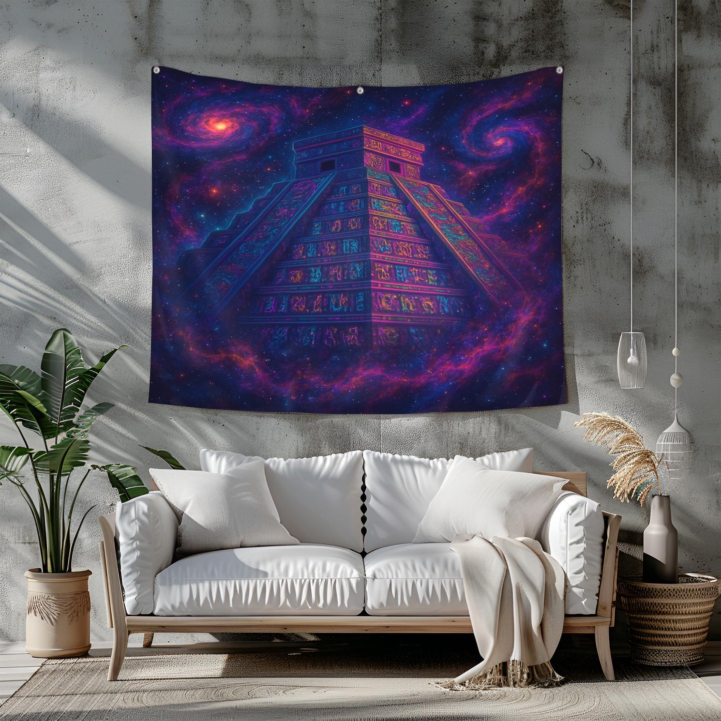 Ancient Space Temple Tapestry, Neon Hieroglyph Wall Art With Galaxies And Cosmic Dust, Trippy Psychedelic Decor, Gift For Him Or Her