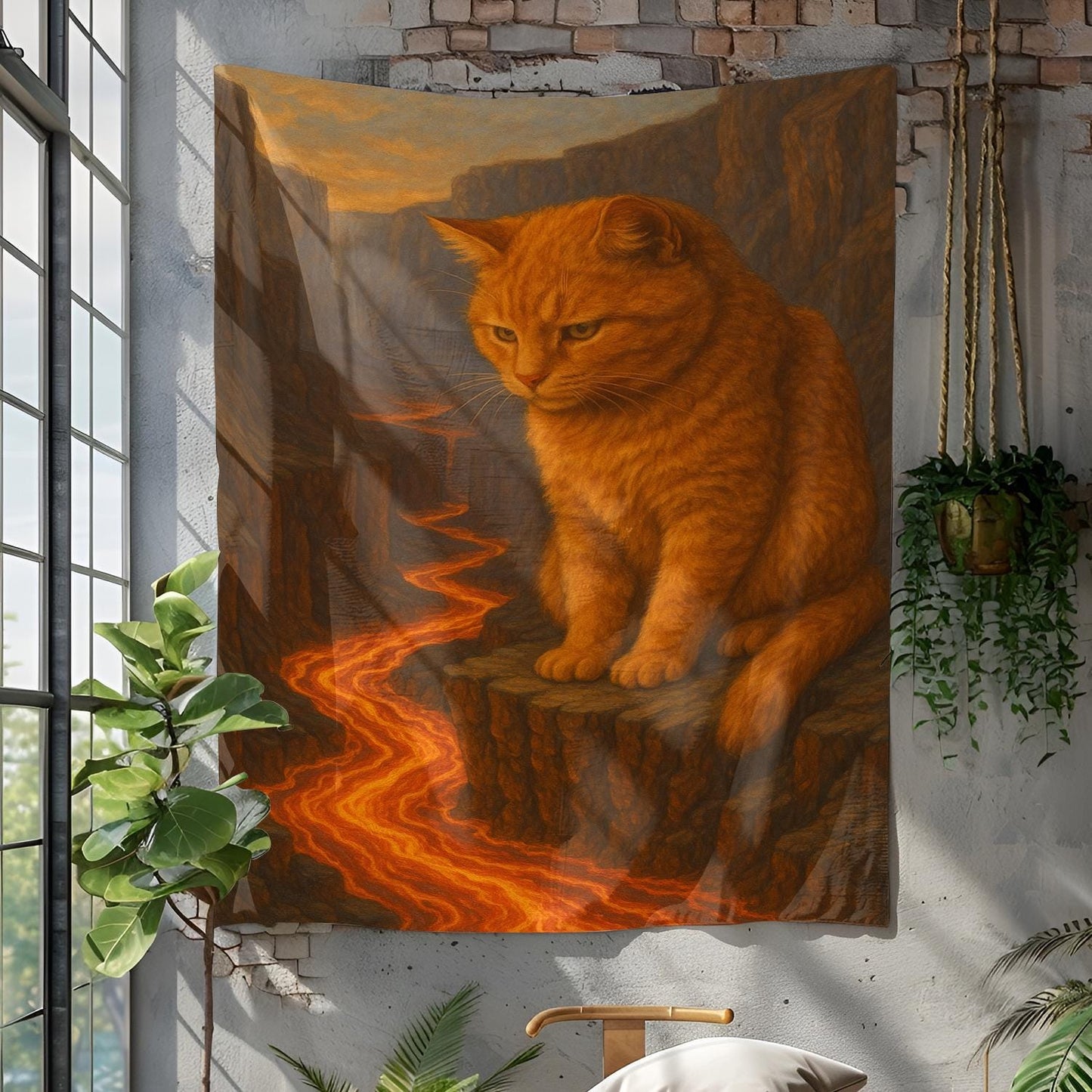 Giant Cat Watching Lava River Tapestry, Surreal Canyon Scene With Calming Feline Overlooking Molten Flow, Dreamy Wall Art, Gift For Her