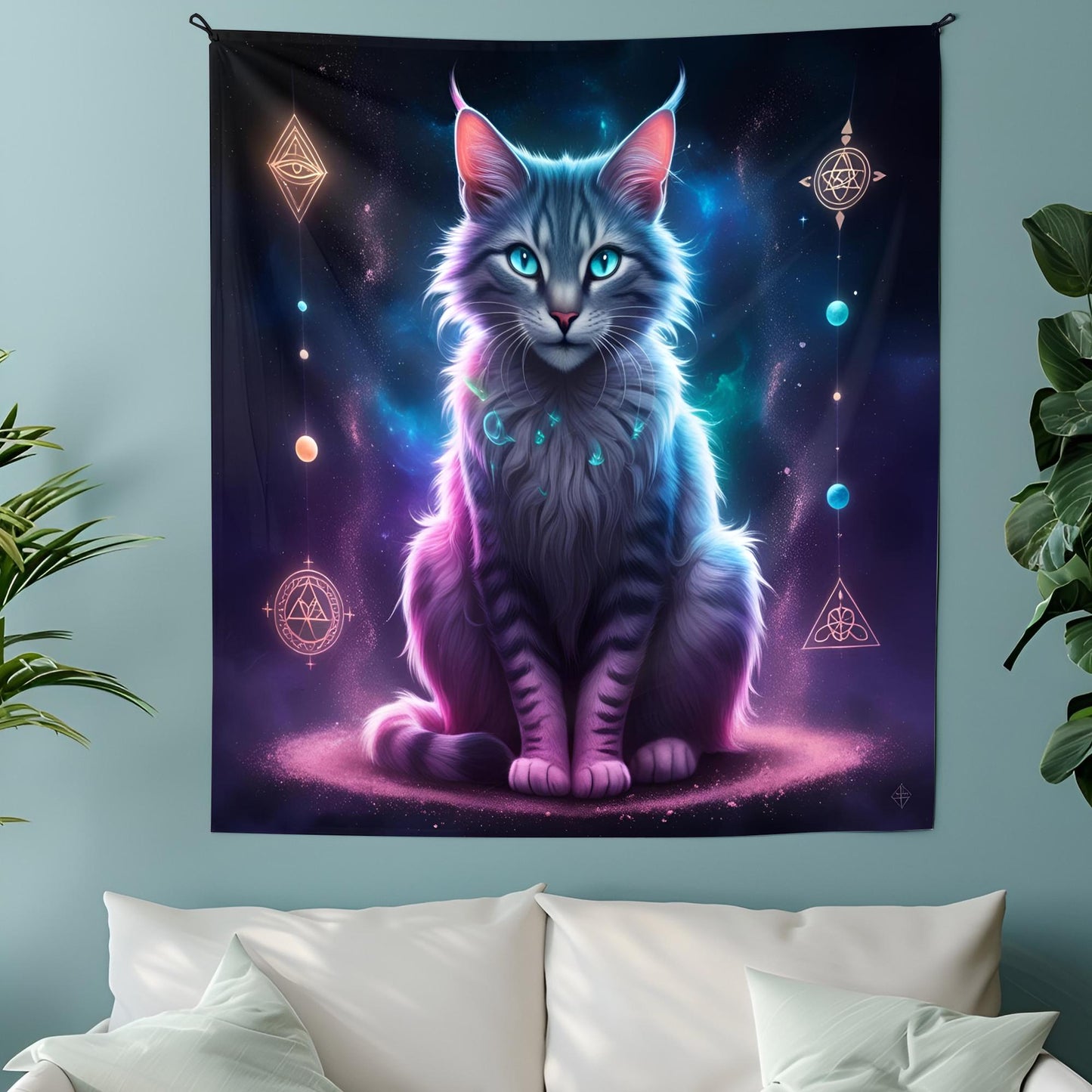 Mystical Three-Eyed Cat Tapestry, Neon Glowing Fur Art, Sacred Symbols & Cosmic Dreamscape, Trippy Psychedelic Decor , Cat Psychedelic