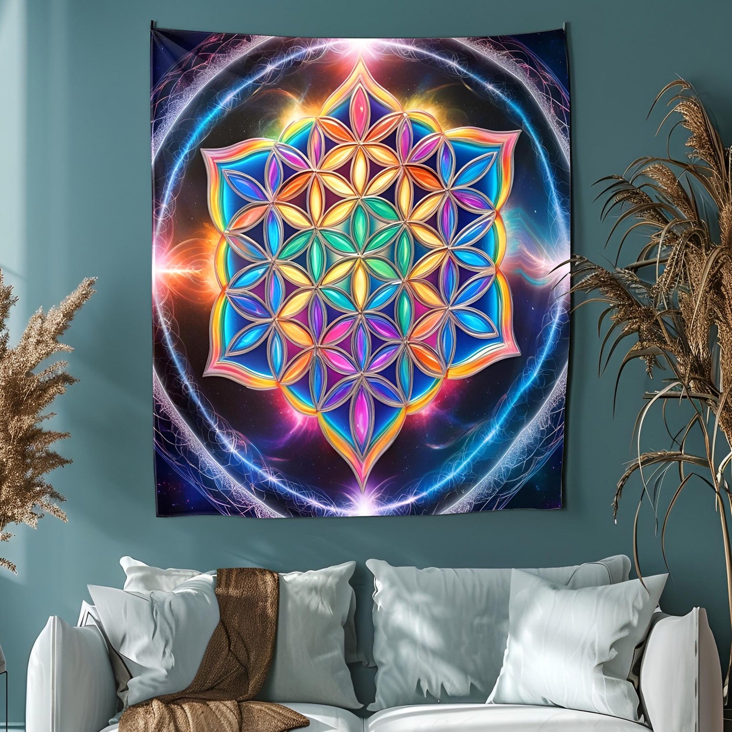 Sacred Flower of Life Tapestry, Glowing Rainbow Energy Art, Holographic Luminous Patterns, Infinite Reflections Decor , Trippy Tapestry
