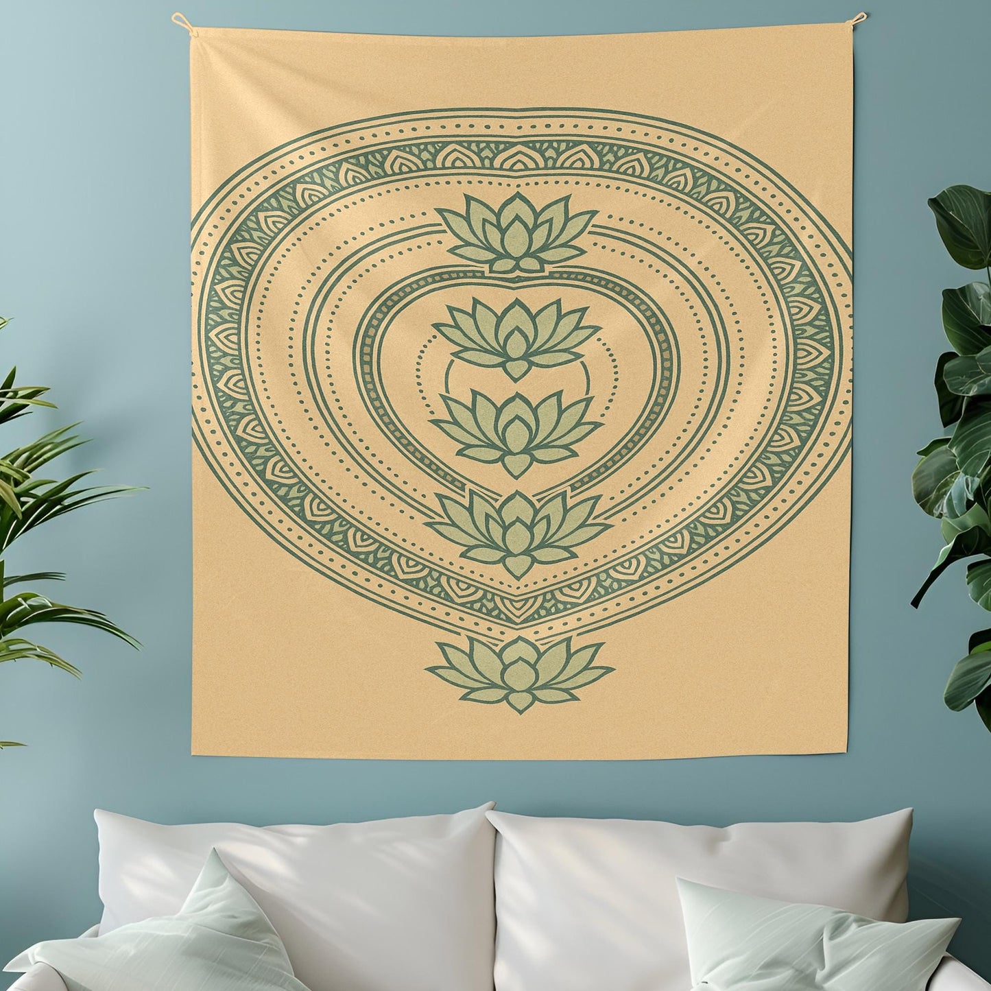 Beige and Green Lotus Tapestry Wall Hanging – Minimalist Mandala Design for Yoga Room, Bedroom, or Meditation Corner