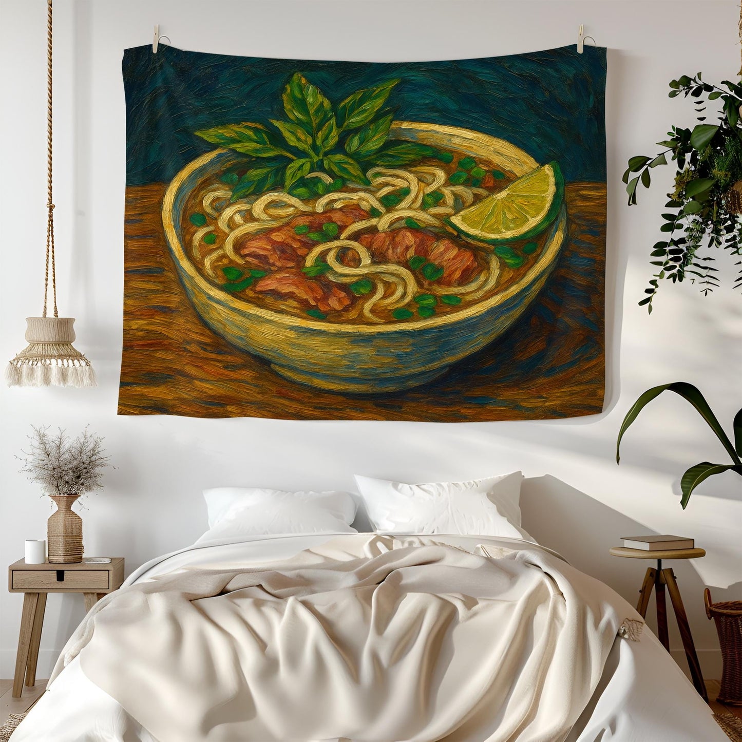 Vietnamese Pho Noodle Soup Wall Tapestry, Hand-Painted Style Food Art with Lime and Herbs, Cozy Kitchen or Dining Room Asian Cuisine Decor