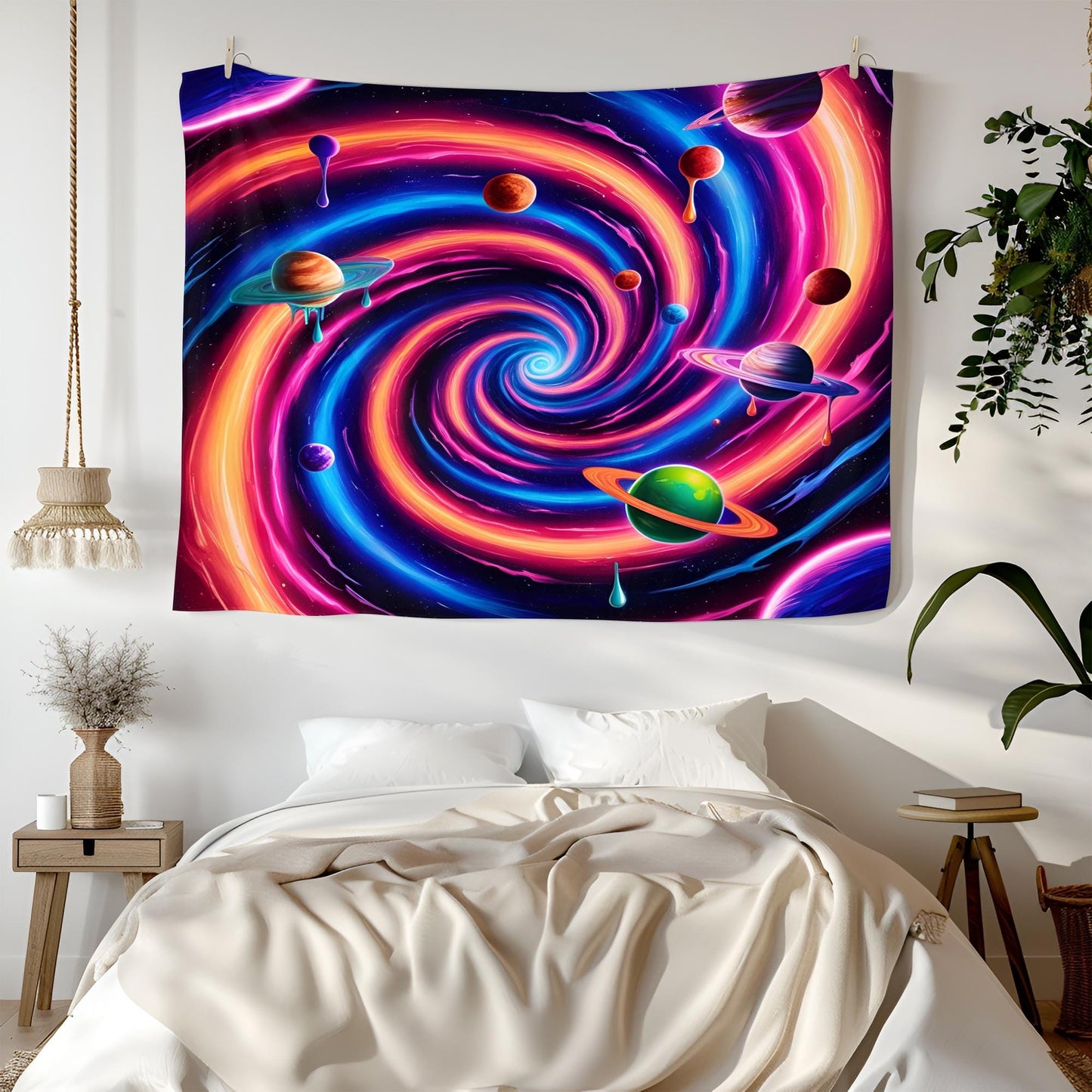 Neon Spiral Galaxy Tapestry, Trippy Cosmic Wormhole Art, Dripping Space Liquids, Vibrant Electric Planet Decor, Psychedelic Tapestry