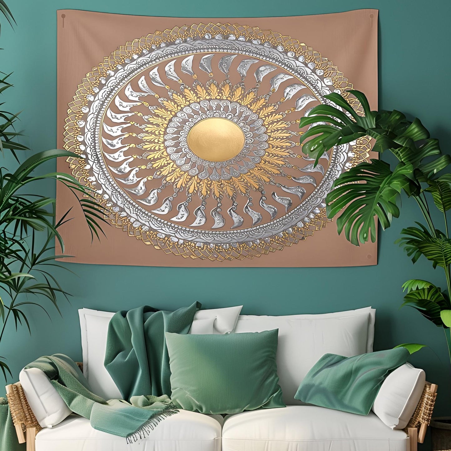 Mesmerizing Spiral Mandala Tapestry, Gold & Silver Accents, Perfectly Proportioned Radiating Design, Elegant Framed Geometric Wall Art