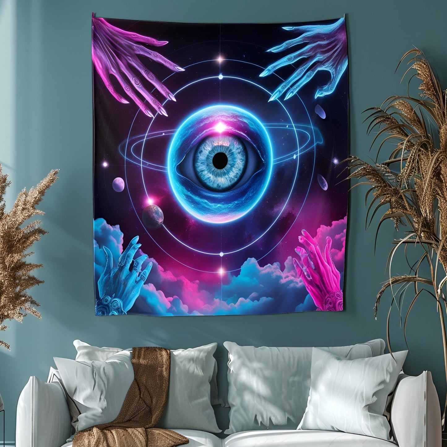 Celestial Eye Tapestry, Cosmic Vision Wall Art, Mystical Hands & Planetary Orbits, Neon Blue Pink Surreal Decor, Psychedelic Tapestry
