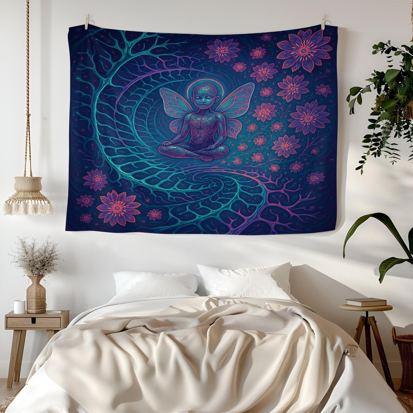 Fairy Child Tapestry – Psychedelic Meditating Kid Wall Art, Trippy Nature Spirit Decor, Mystical Flower Swirl Print, Spiritual Room Art