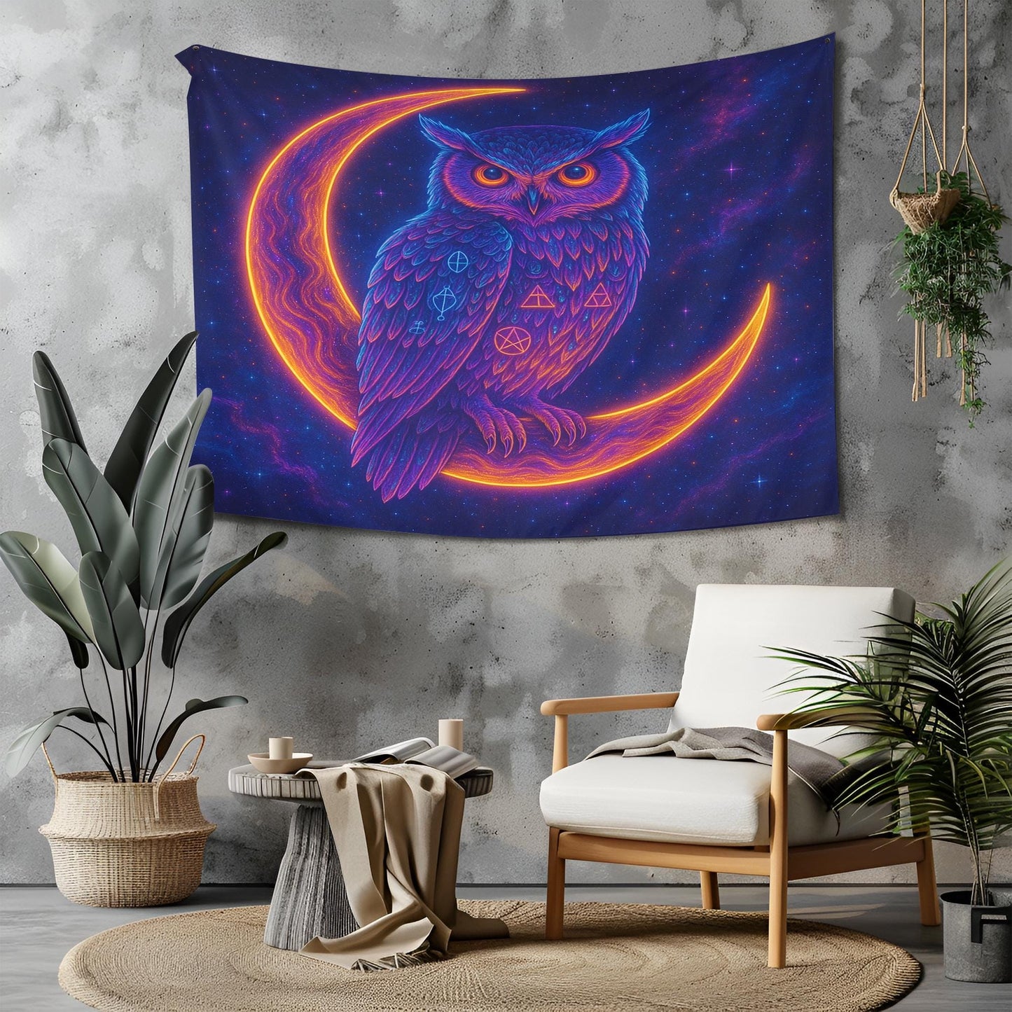 Neon Owl On Crescent Moon Tapestry, Color Shifting Feathers With Sacred Symbols, Celestial Cosmic Wall Art, Trippy Gift For Her Or Him