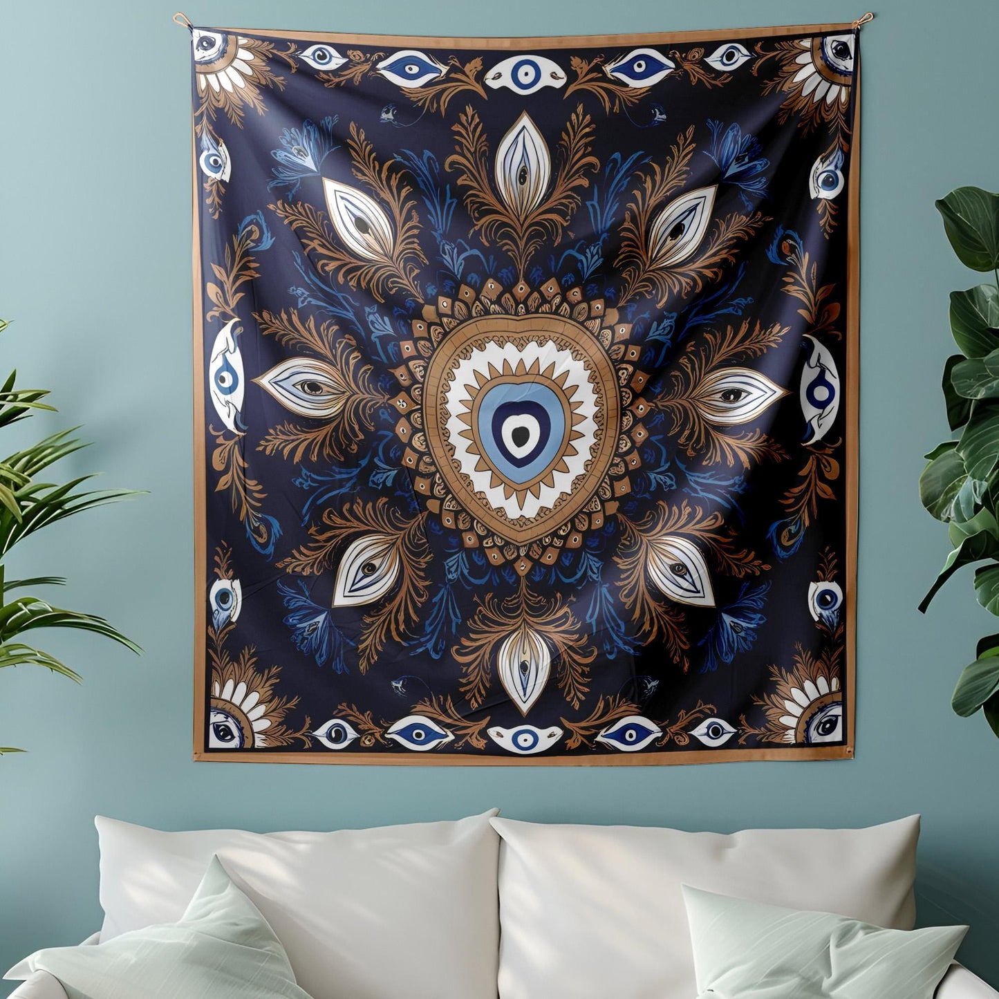 Mystic Turkish Evil Eye Tapestry, Anatolian Folk Art Wall Hanging, Turkish Wallhang, Deep Blue Gold White Decor, Symmetrical Pattern Design
